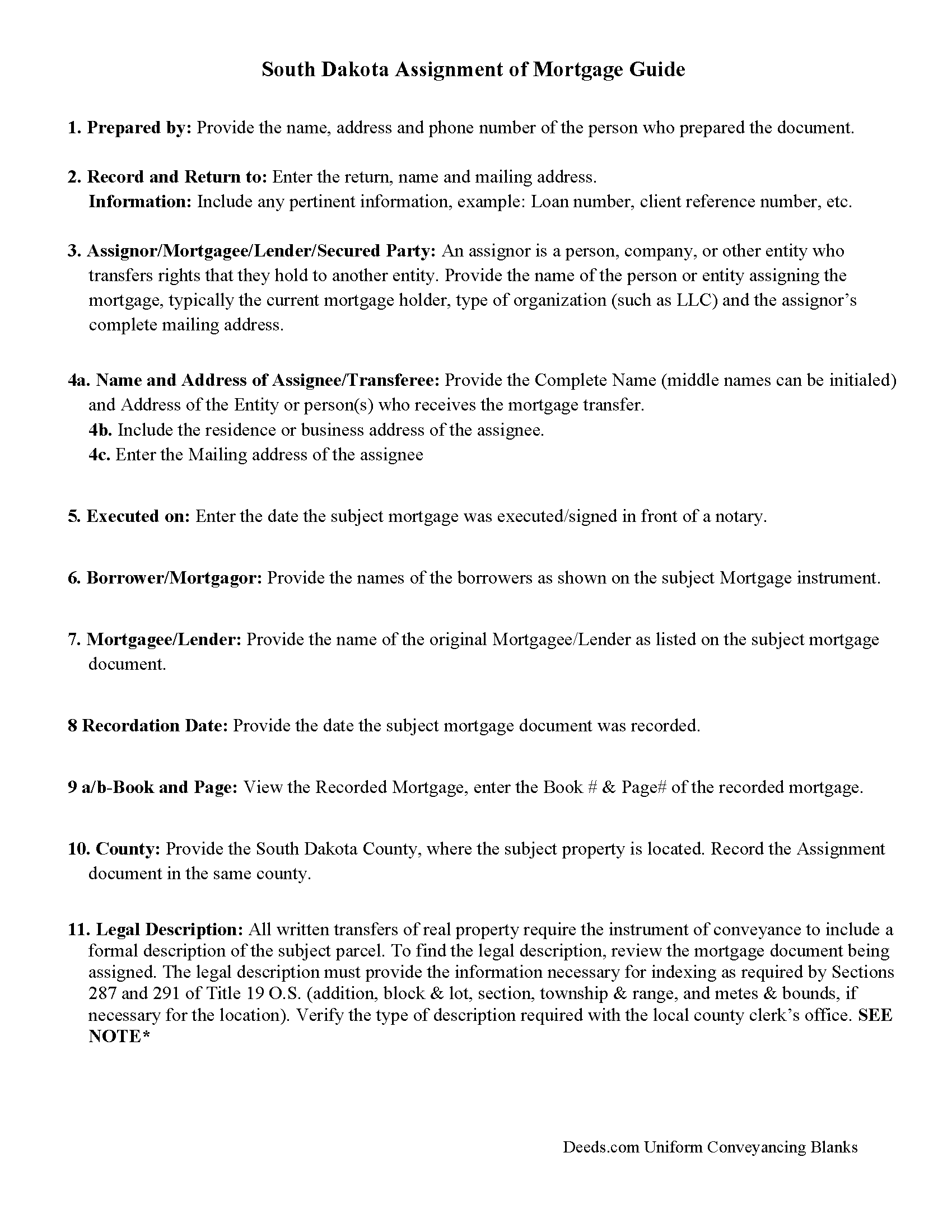 Ziebach County Assignment of Mortgage Guidelines