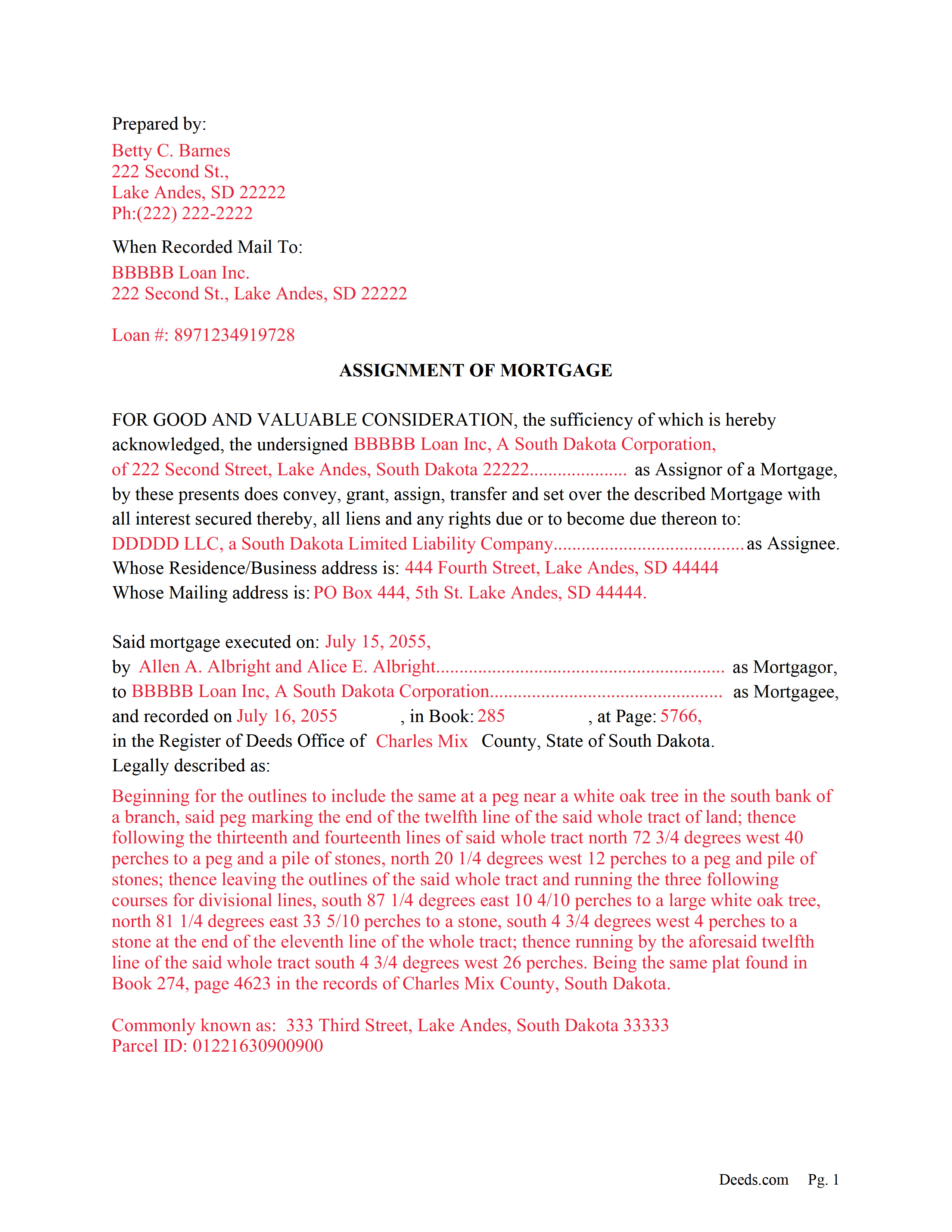 Ziebach County Completed Example of the Assignment of Mortgage Document