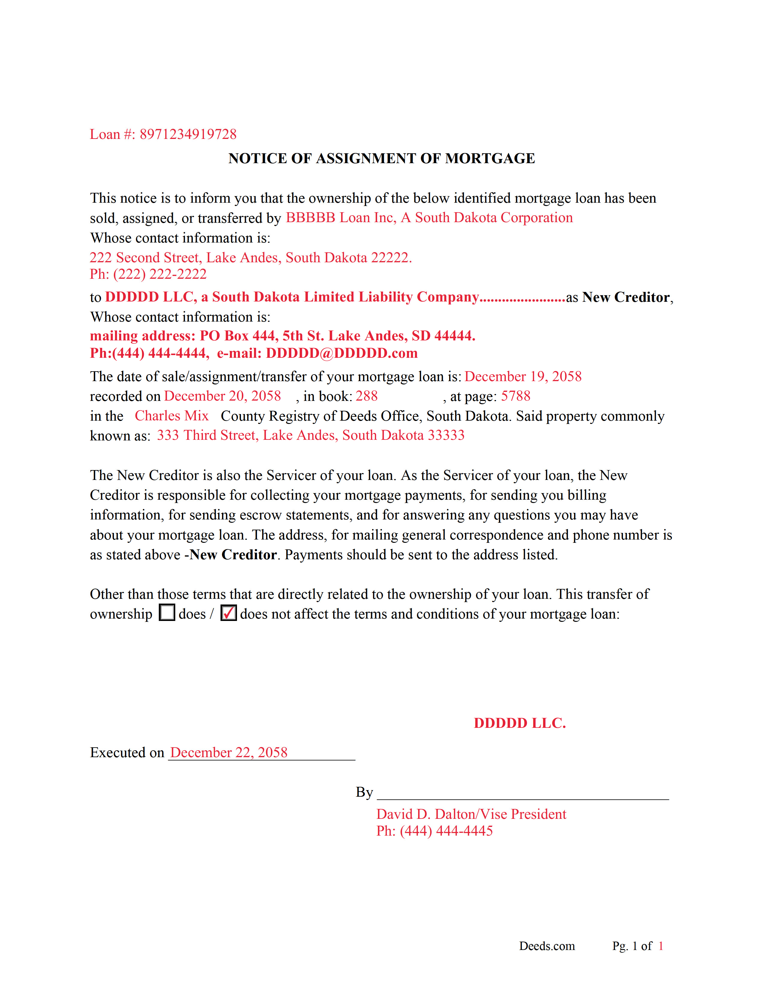 Ziebach County Completed Example of Notice of Assignment Document