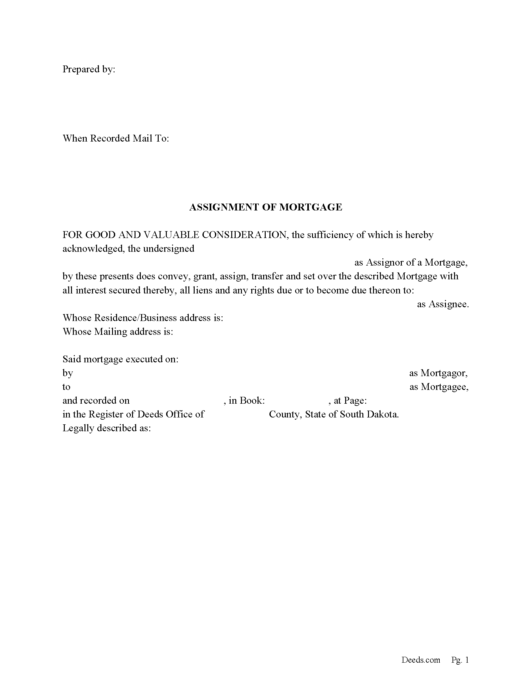 Ziebach County Assignment of Mortgage Form