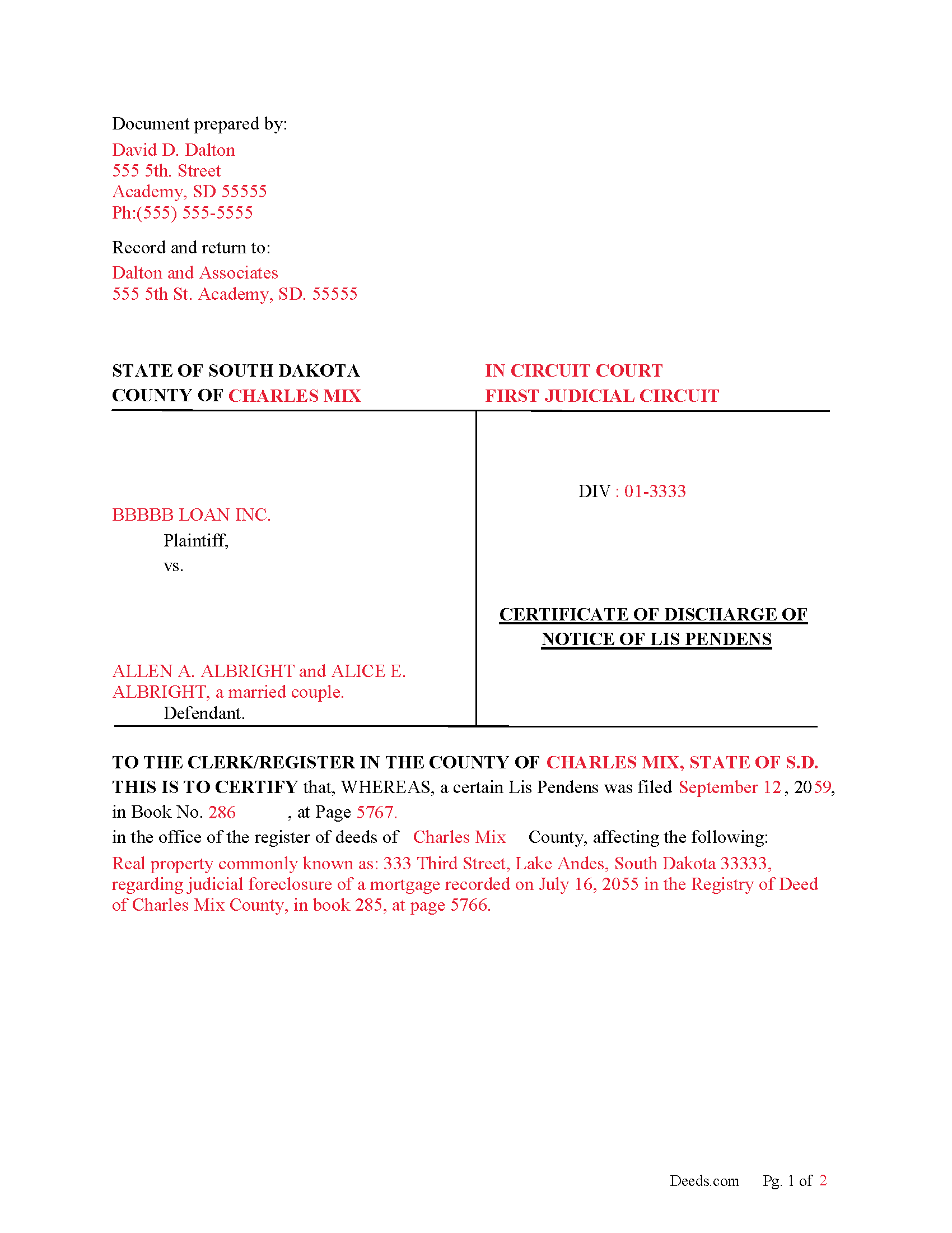 Mccook County Completed Example of Discharge of Lis Pendens Document