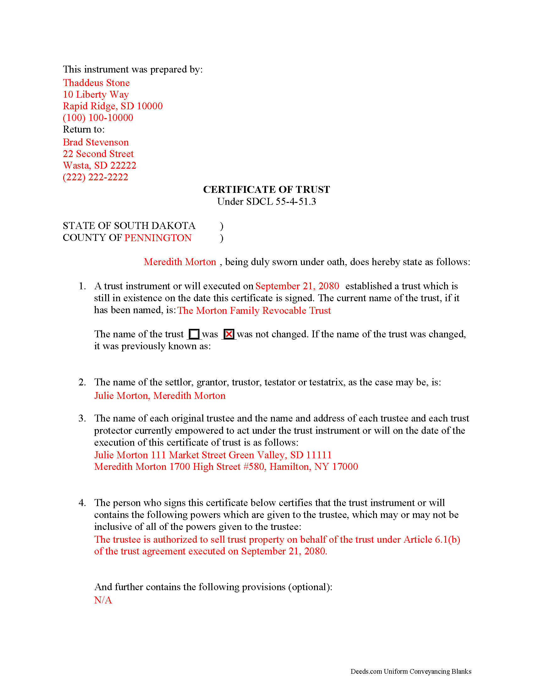 Completed Example of the Certificate of Trust Document