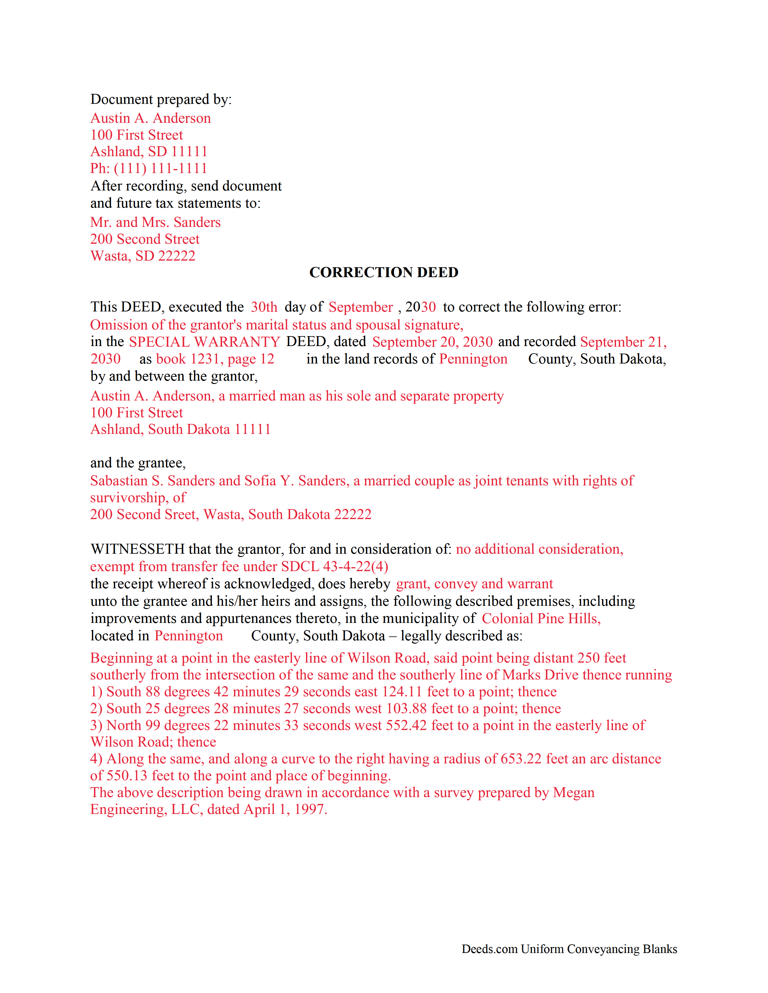 Mccook County Completed Example of the Correction Deed Document