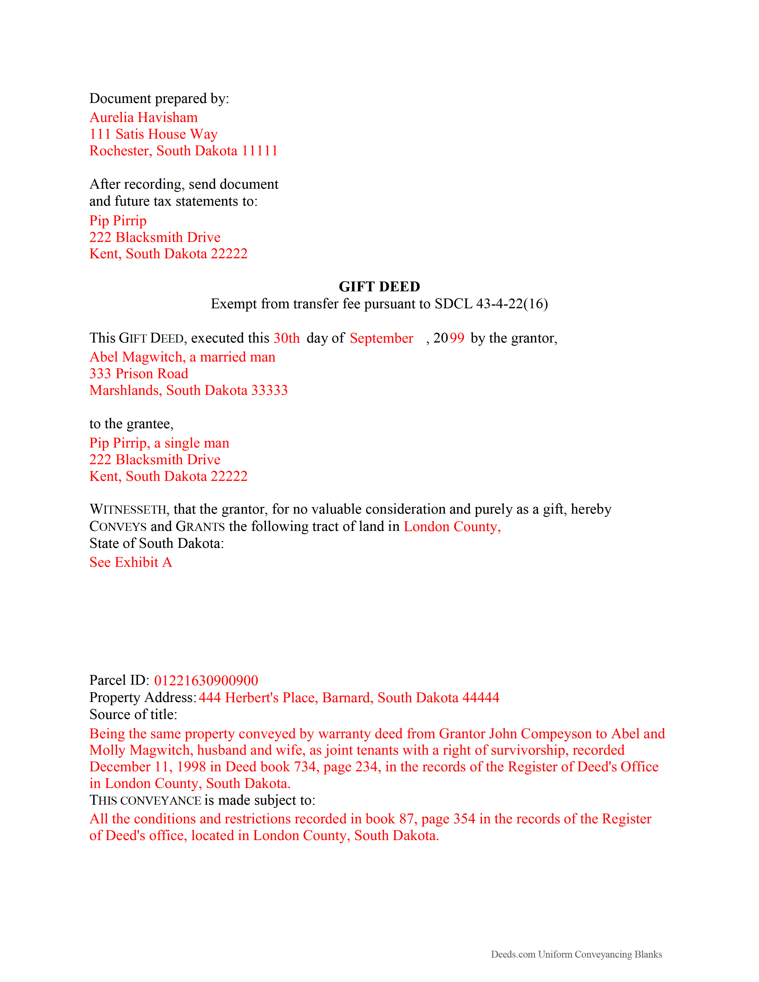 Miner County Completed Example of the Gift Deed Document