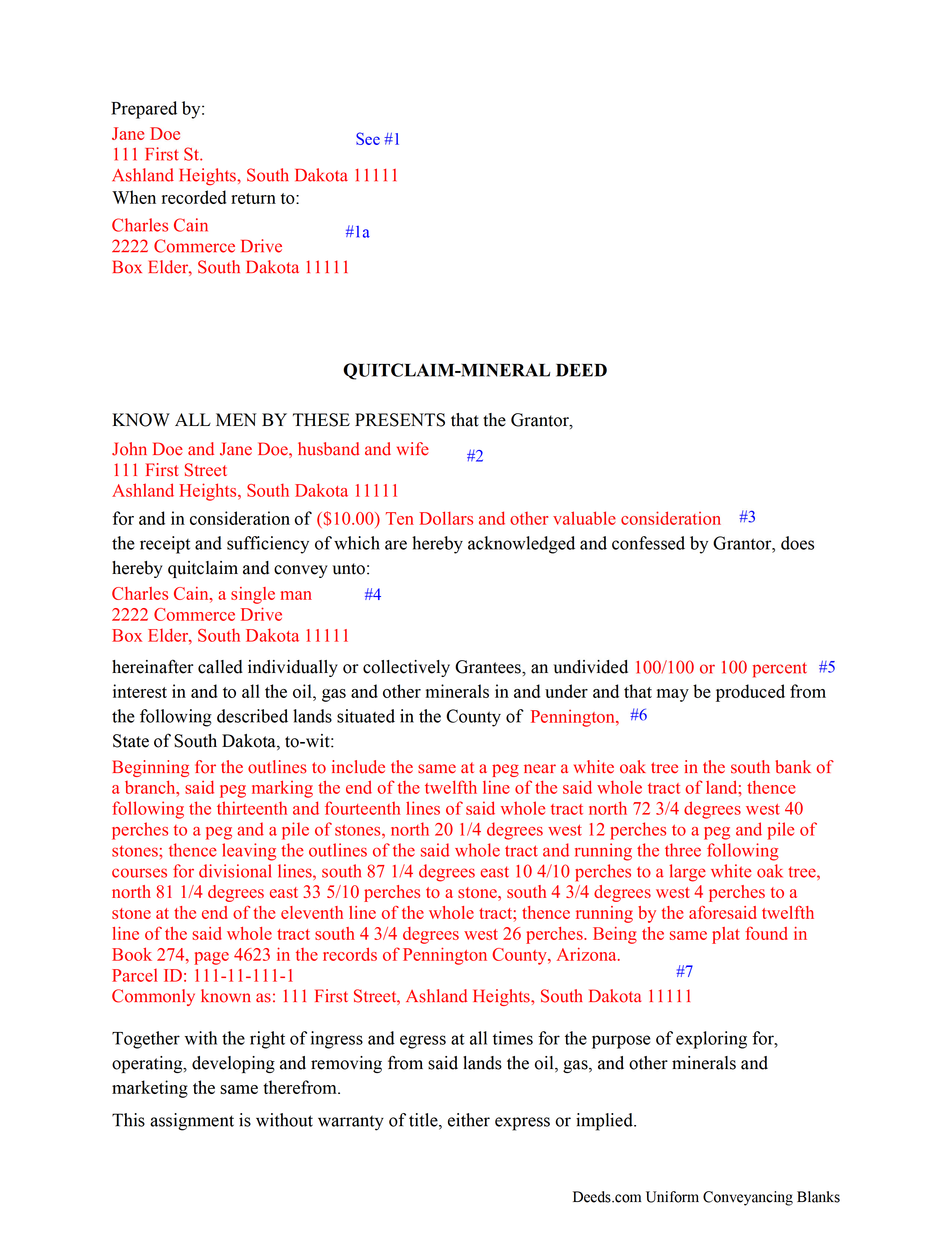 Completed Example of the Mineral Quitclaim Deed Document