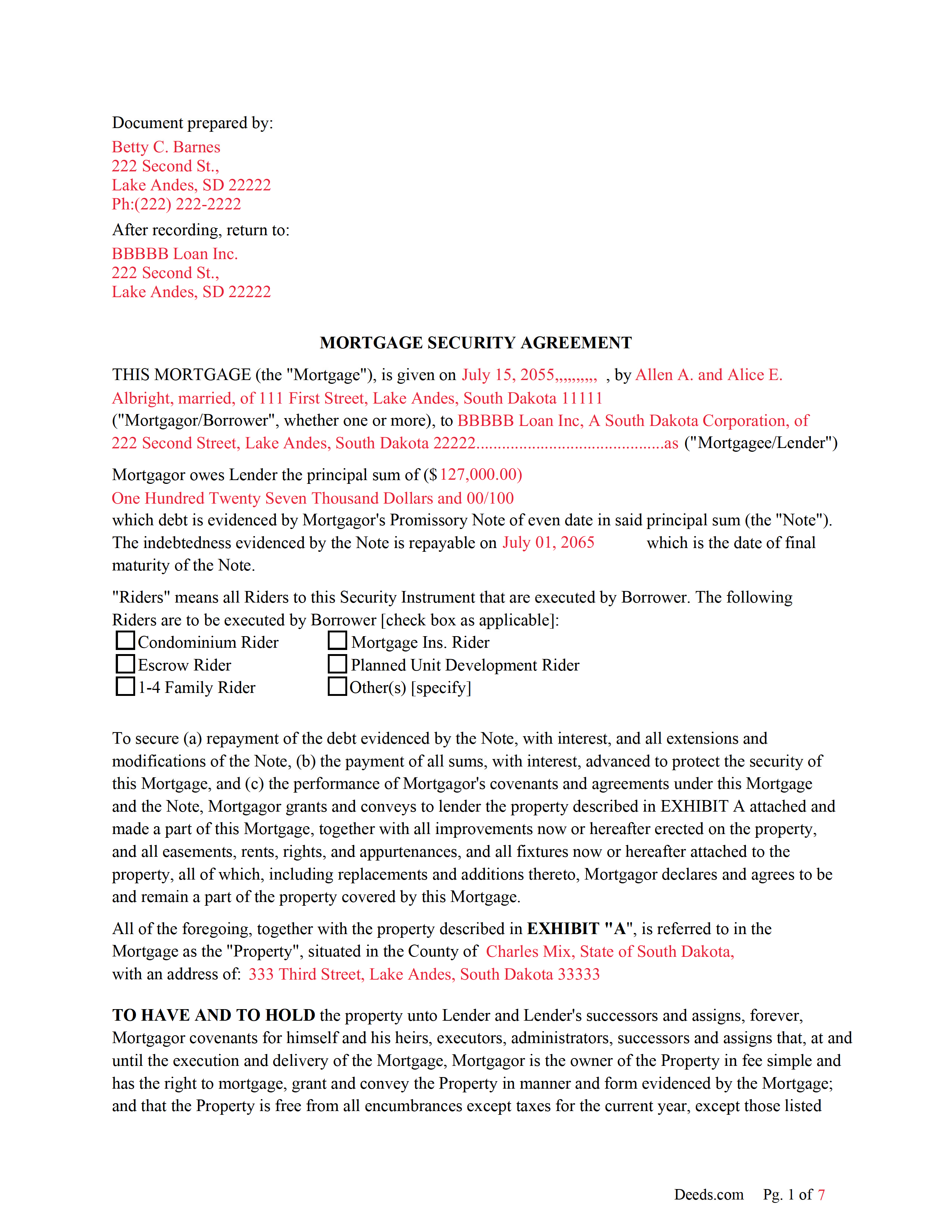 Completed Example of the Mortgage Document