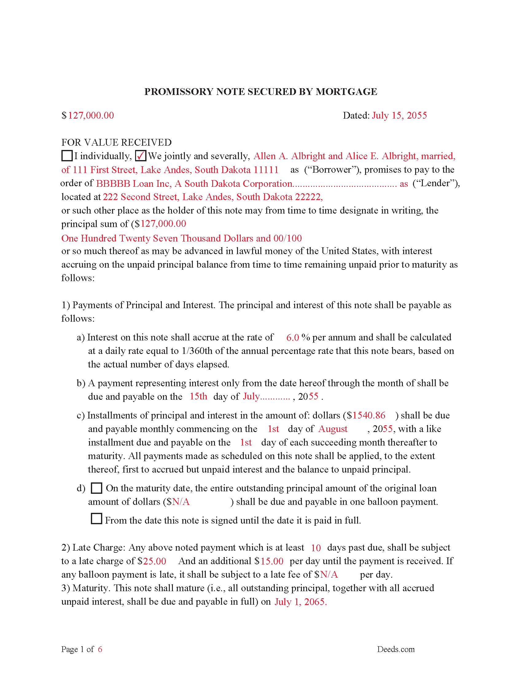 Completed Example of the Promissory Note Document