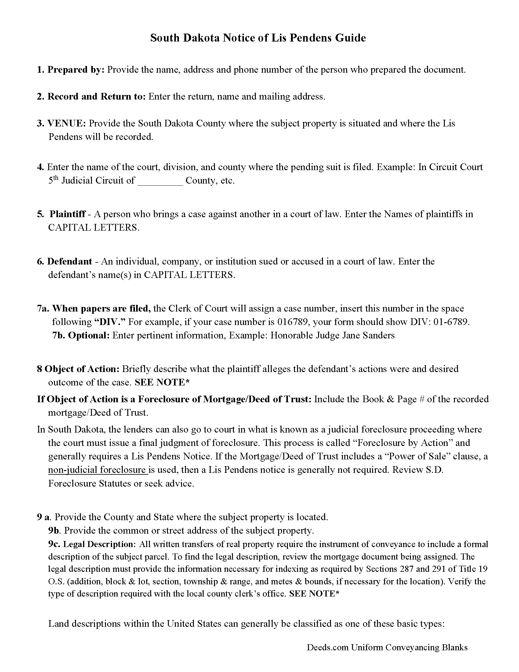 Sanborn County Guidelines for Notice of Lis Pendens