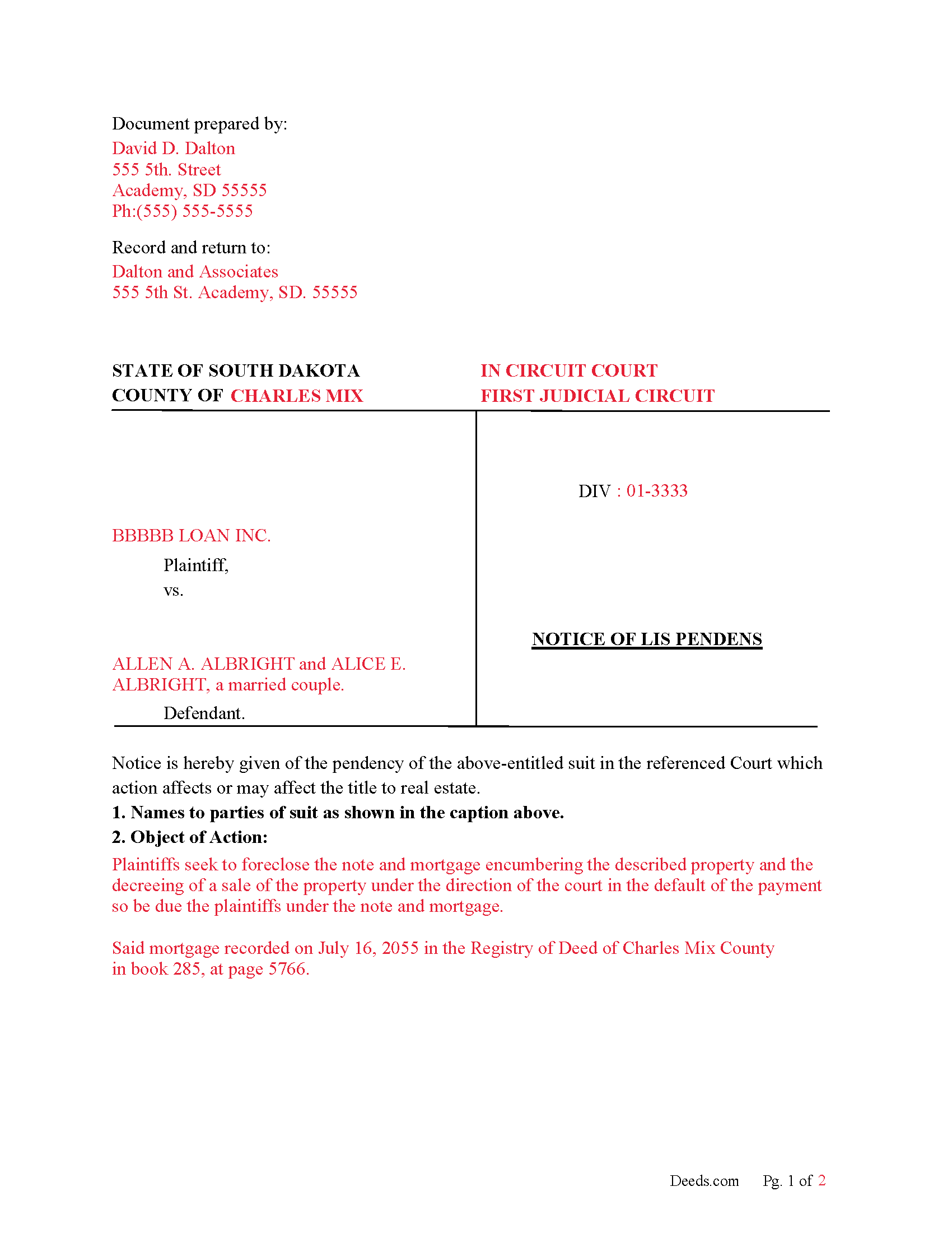 Sanborn County Completed Example of a Notice of Lis Pendens Document