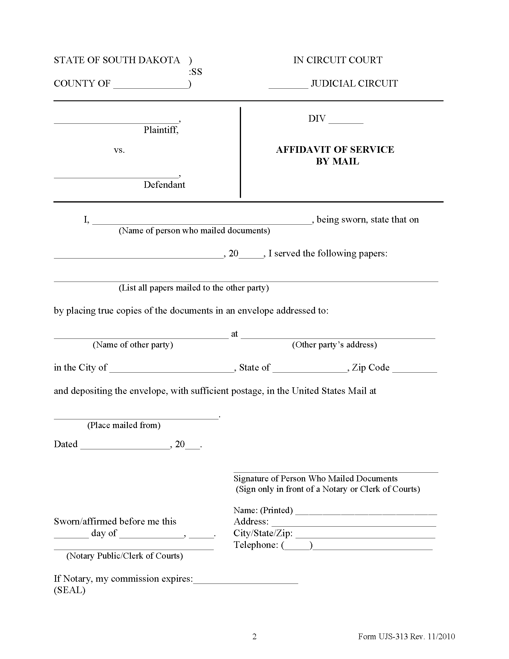 Sanborn County Affidavit of Service Form