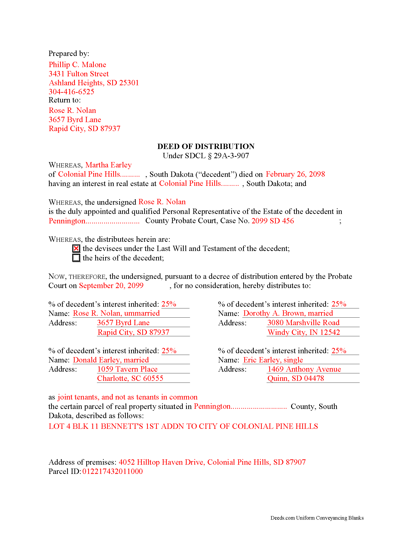Turner County Completed Example of the Personal Representative Deed of Distribution Document