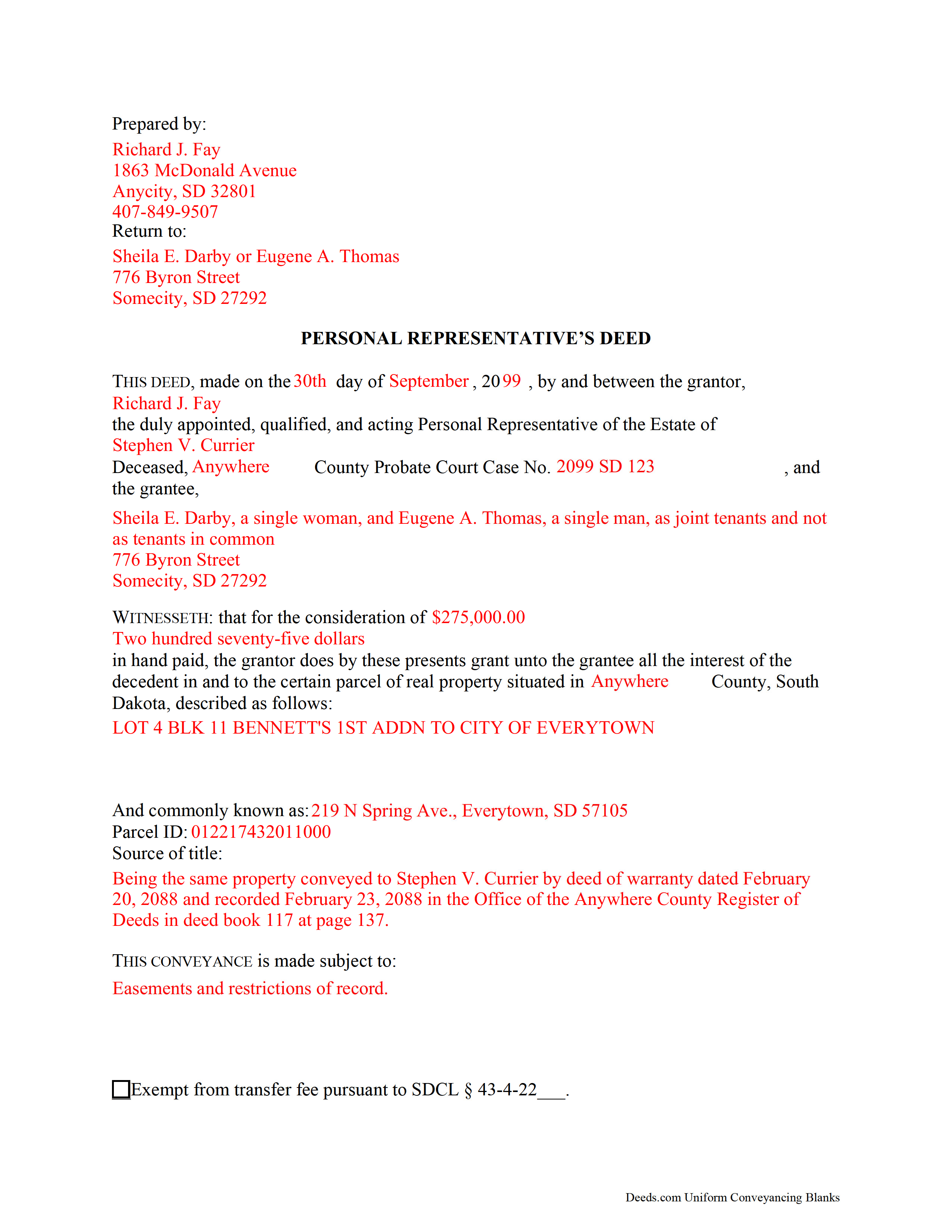 Completed Example of the Personal Representative Deed of Sale Document