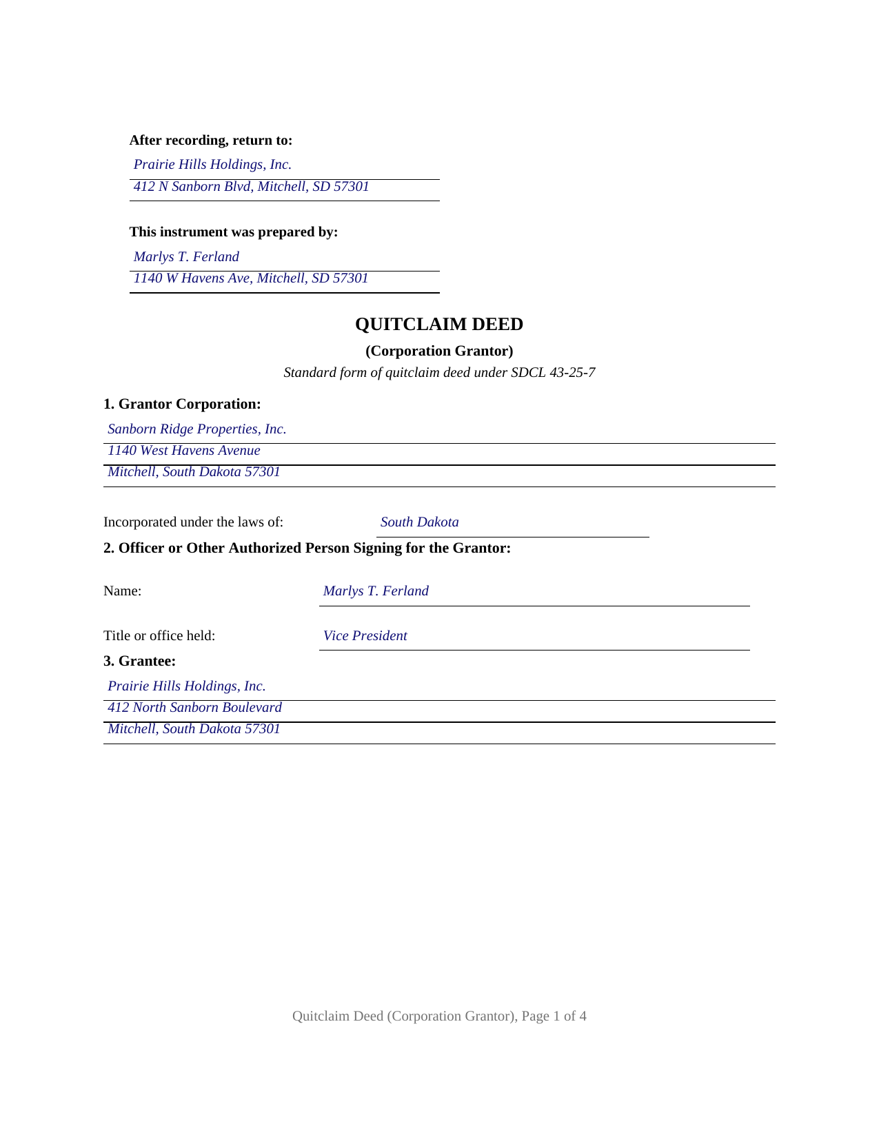 Hyde County Completed Example of the Quitclaim Deed (Corporation Grantor) Document