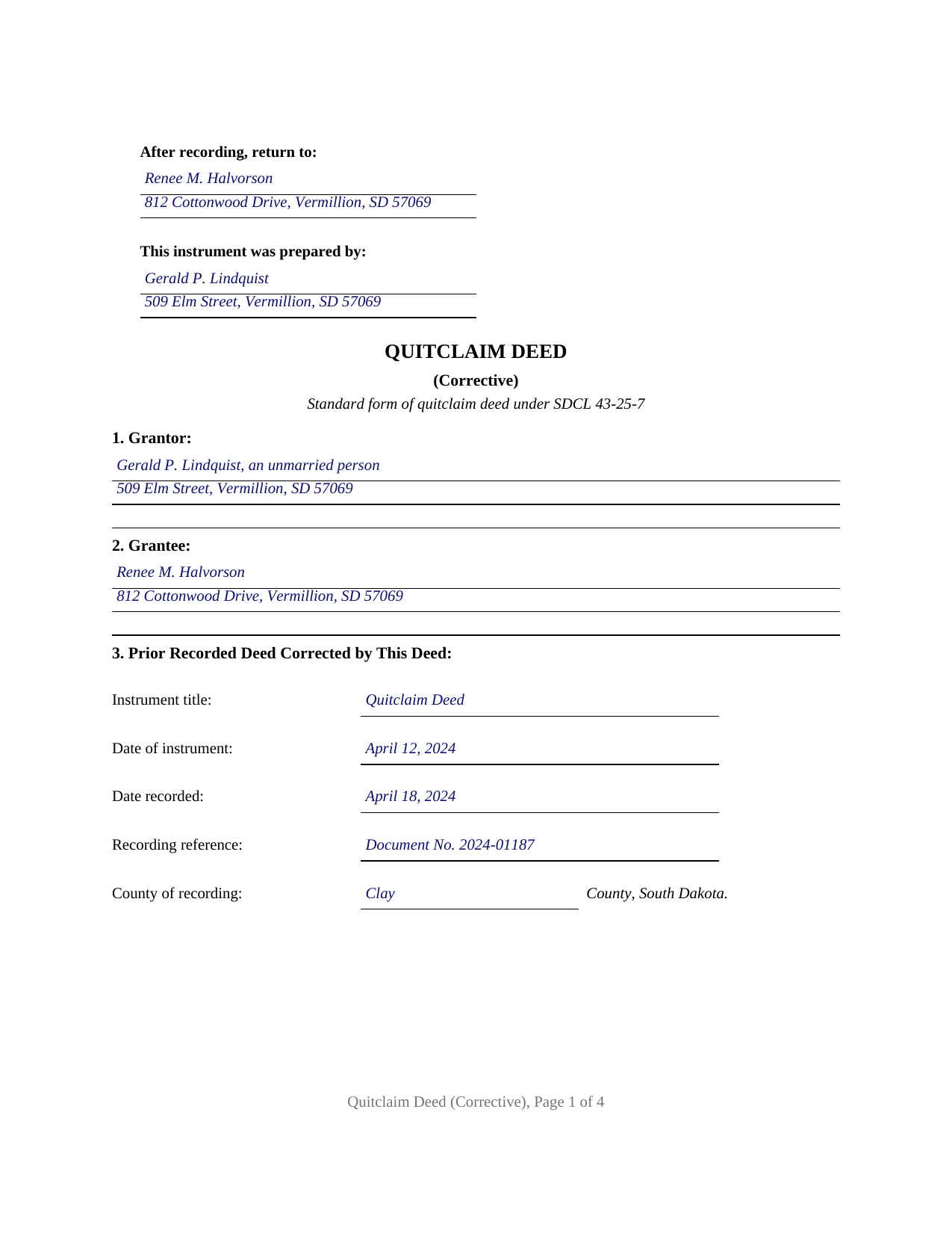 Hanson County Completed Example of the Quitclaim Deed (Corrective) Document