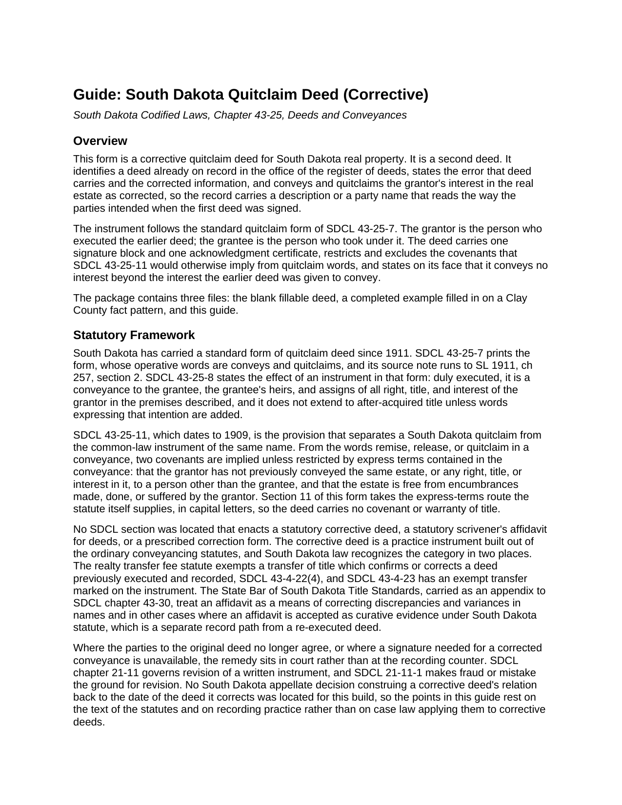 Hanson County Quitclaim Deed (Corrective) Guide