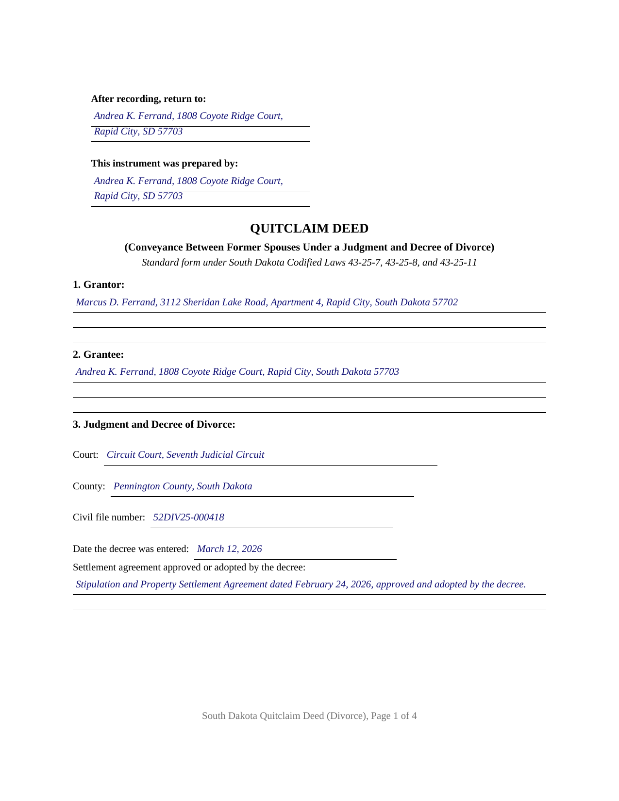 Lake County Completed Example of the Quitclaim Deed (Divorce) Document