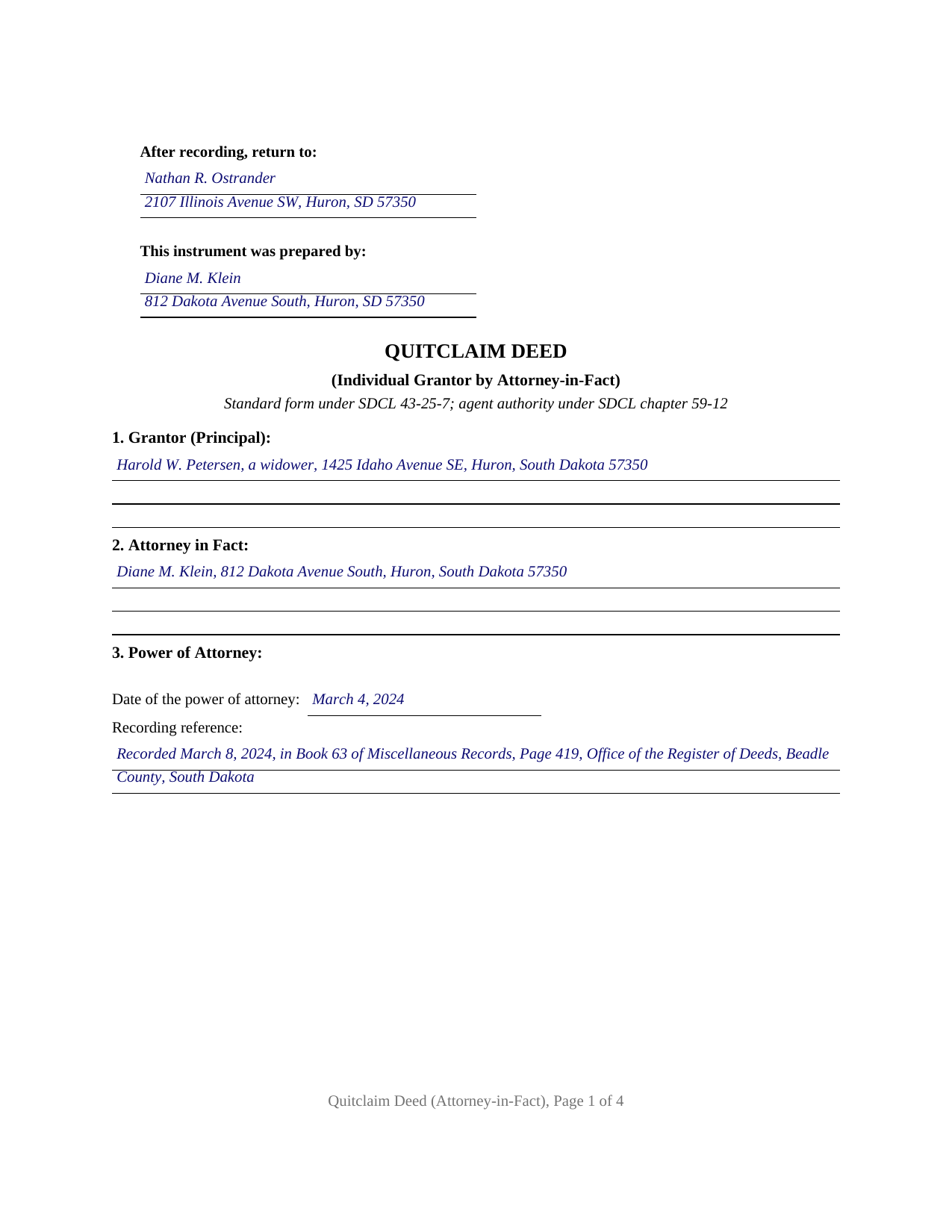 Meade County Completed Example of the Quitclaim Deed (Individual Grantor by Attorney-in-Fact) Document