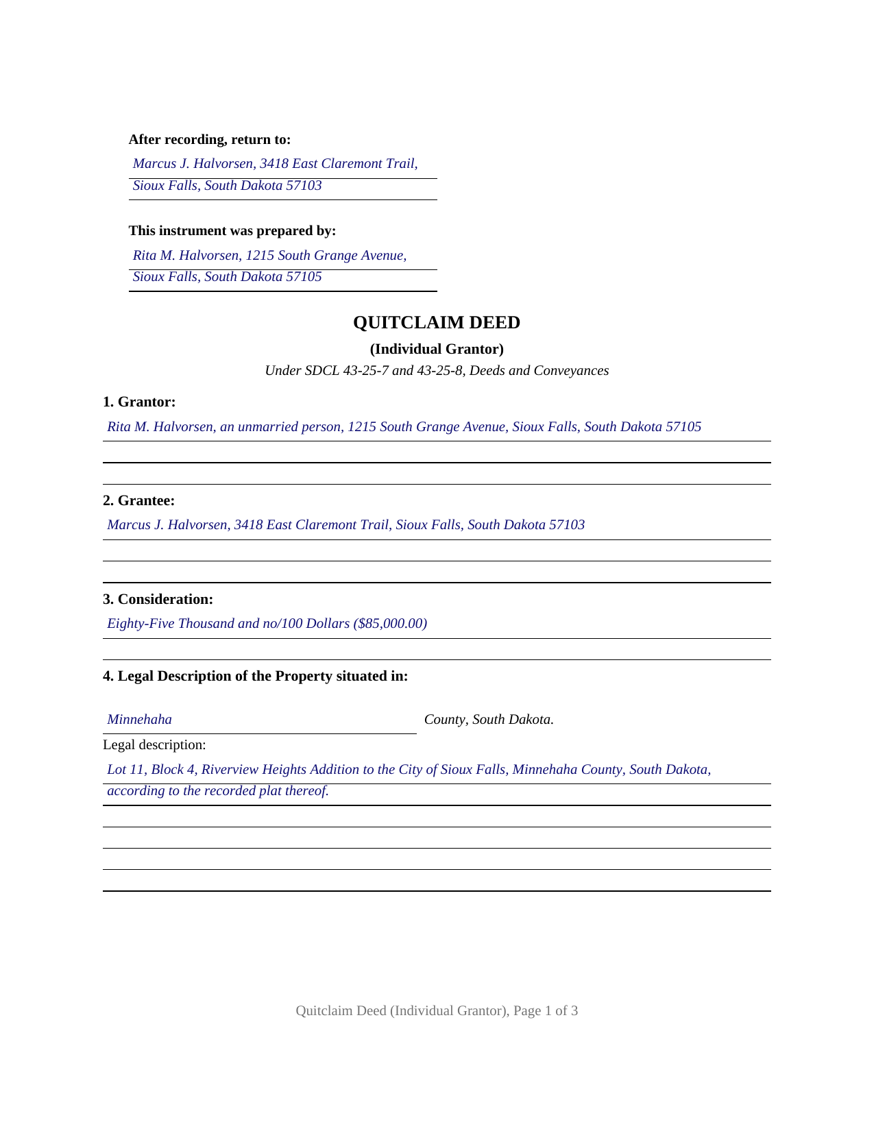Fall River County Completed Example of the Quitclaim Deed (Individual Grantor) Document