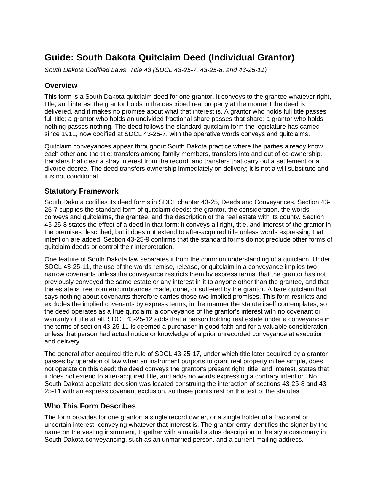 Fall River County Quitclaim Deed (Individual Grantor) Guide