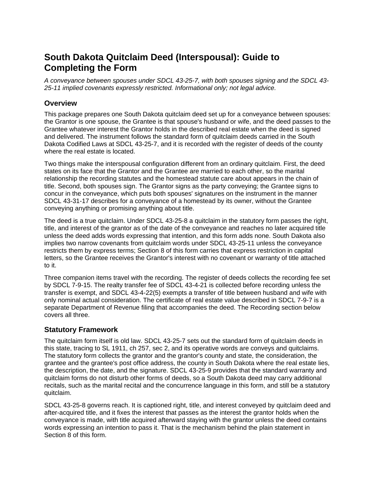 Spink County Quitclaim Deed (Interspousal) Guide