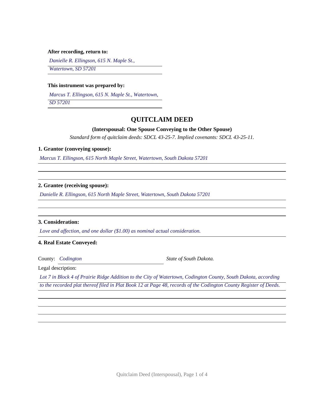 Spink County Completed Example of the Quitclaim Deed (Interspousal) Document