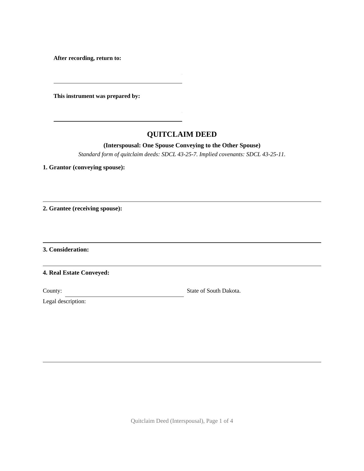 Spink County Quitclaim Deed (Interspousal) Form