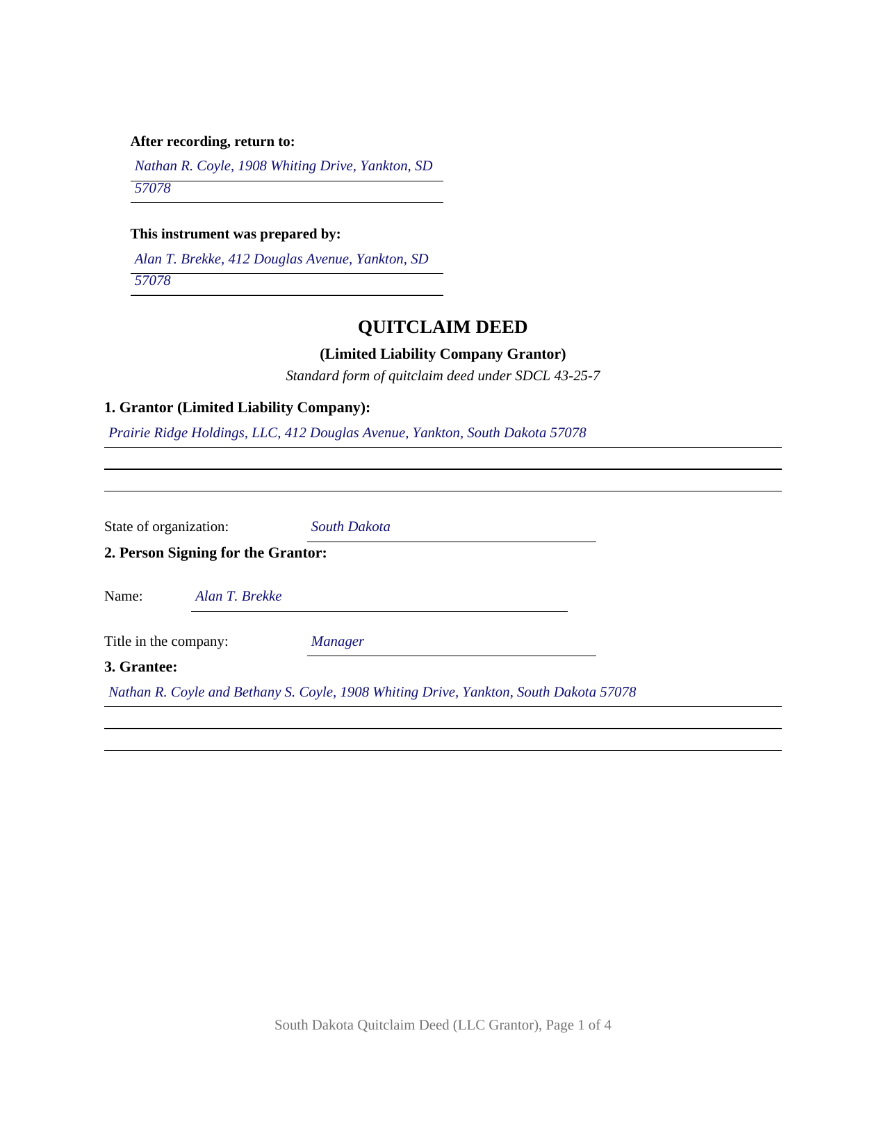 Lincoln County Completed Example of the Quitclaim Deed (LLC Grantor) Document