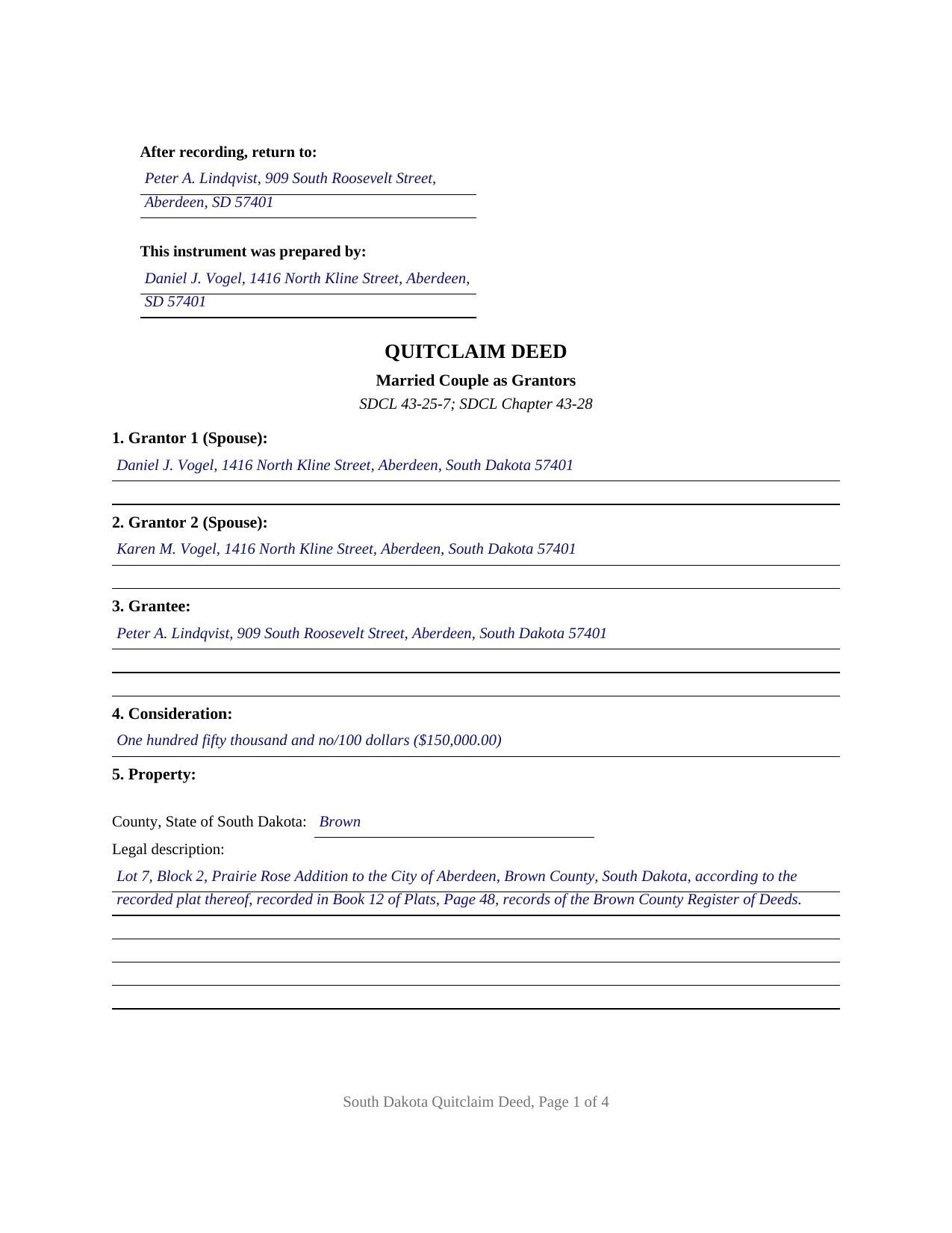 Custer County Completed Example of the Quitclaim Deed (Married Couple as Grantors) Document