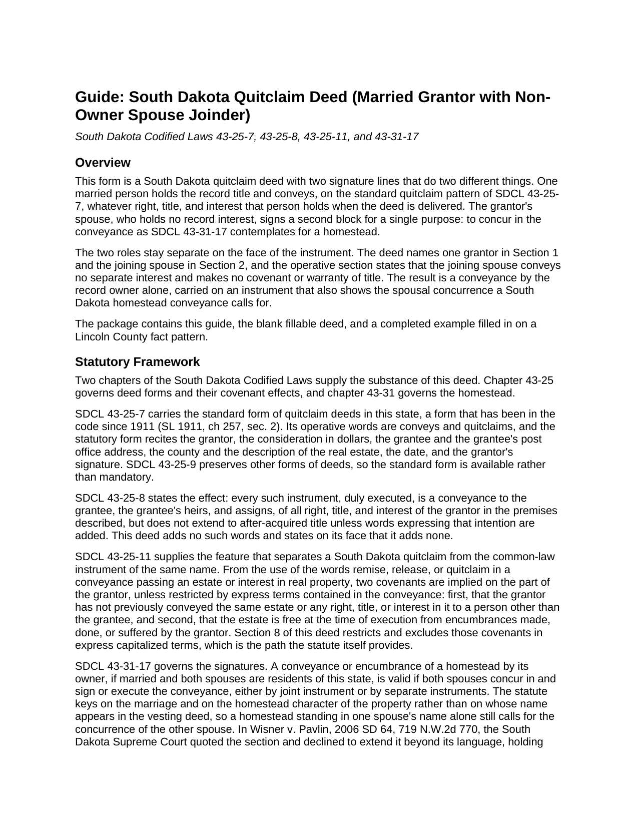 Brookings County Quitclaim Deed (Married Grantor with Non-Owner Spouse Joinder) Guide