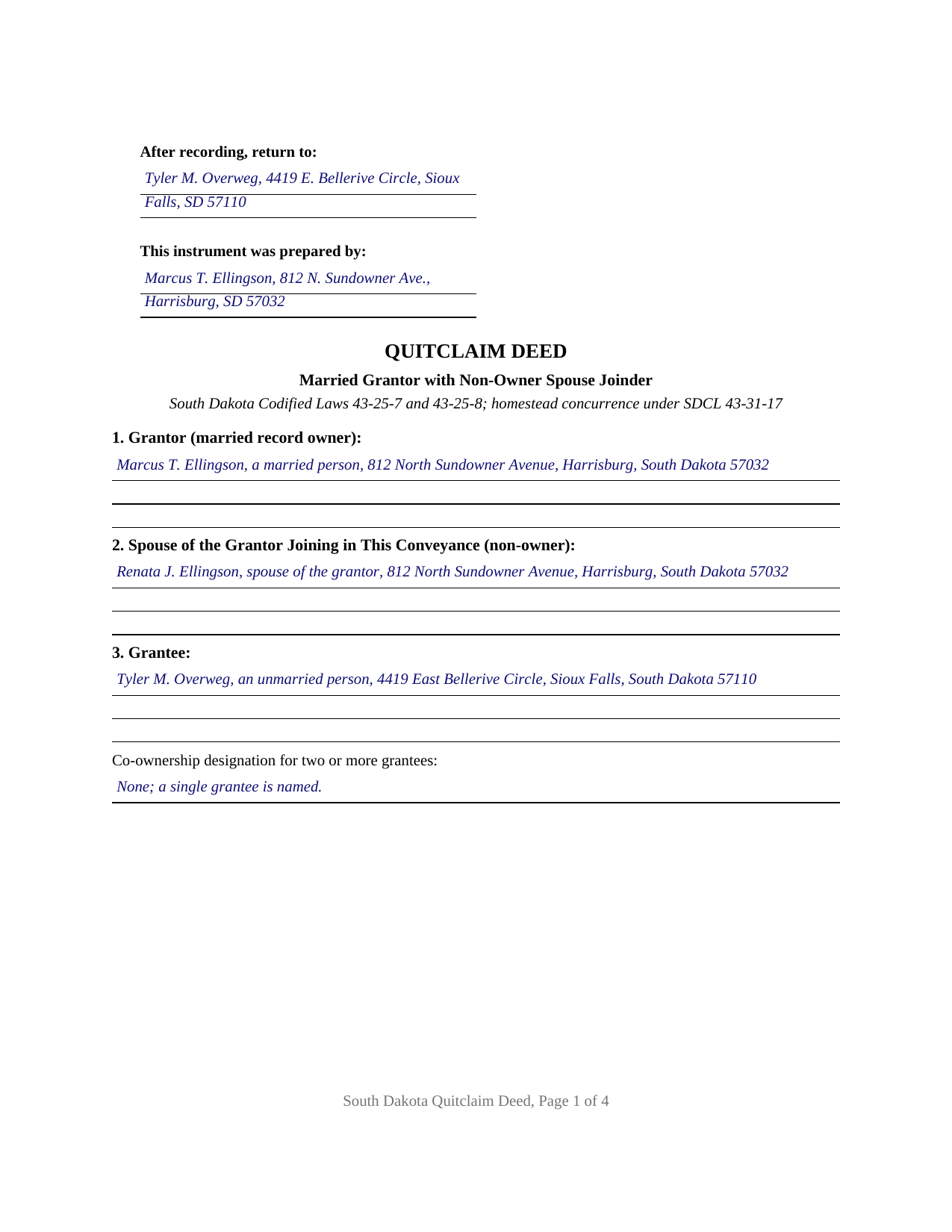Brookings County Completed Example of the Quitclaim Deed (Married Grantor with Non-Owner Spouse Joinder) Document