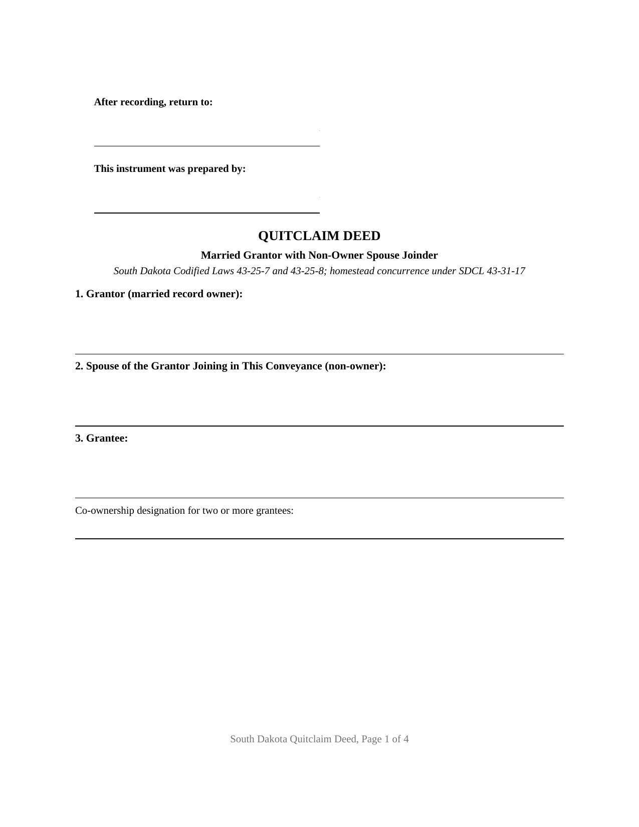 Brookings County Quitclaim Deed (Married Grantor with Non-Owner Spouse Joinder) Form
