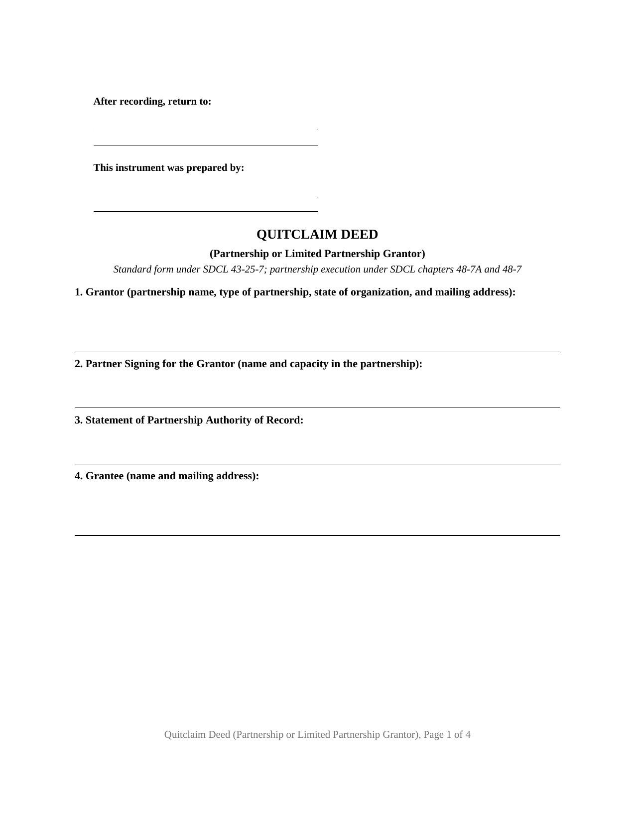 Gregory County Quitclaim Deed (Partnership or Limited Partnership Grantor) Form
