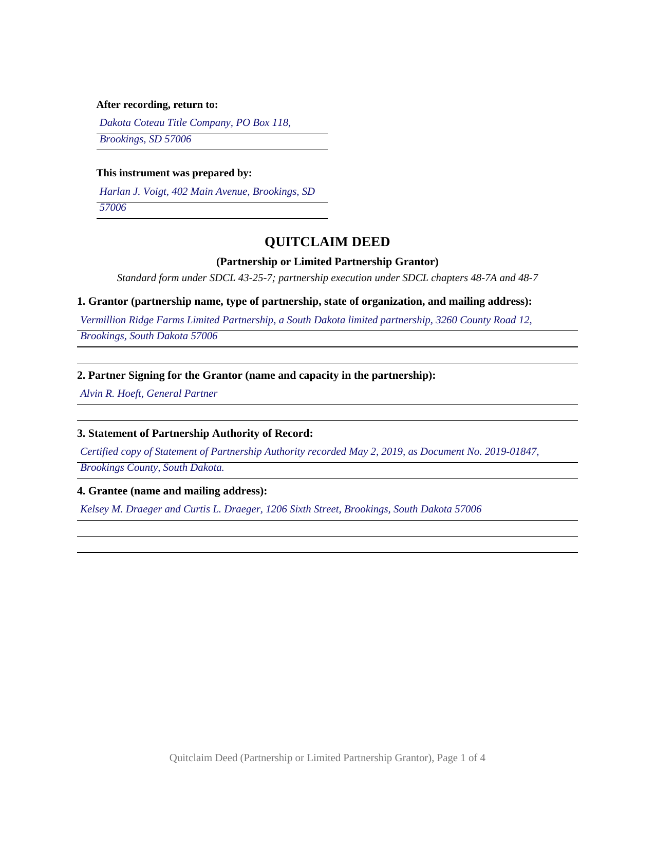 Gregory County Completed Example of the Quitclaim Deed (Partnership or Limited Partnership Grantor) Document