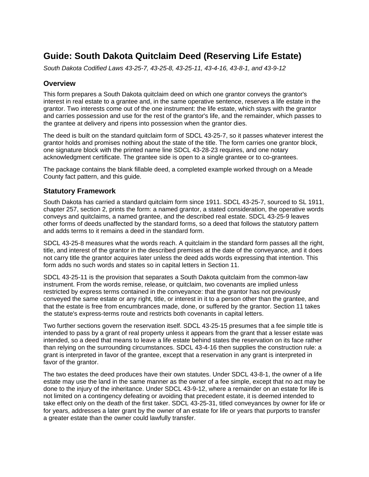 Edmunds County Quitclaim Deed (Reserving Life Estate) Guide