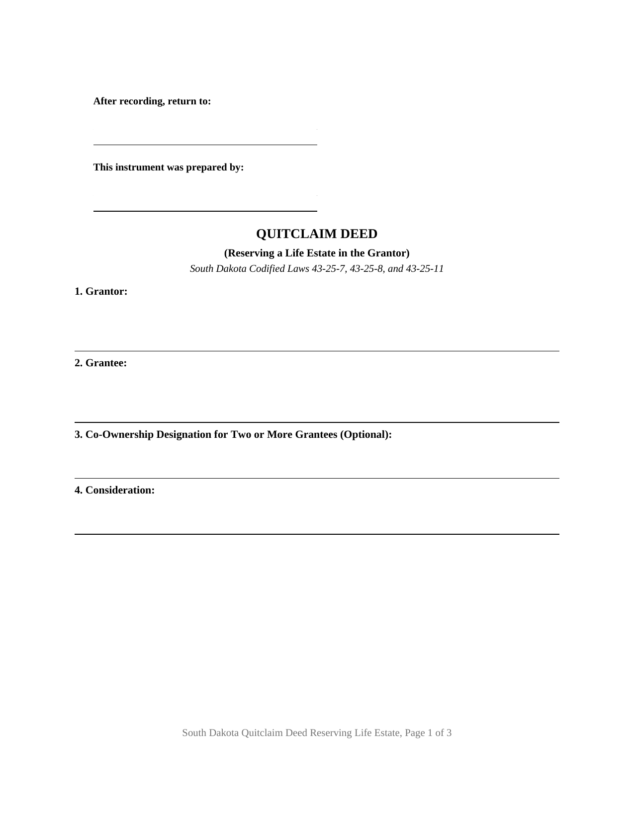 Edmunds County Quitclaim Deed (Reserving Life Estate) Form