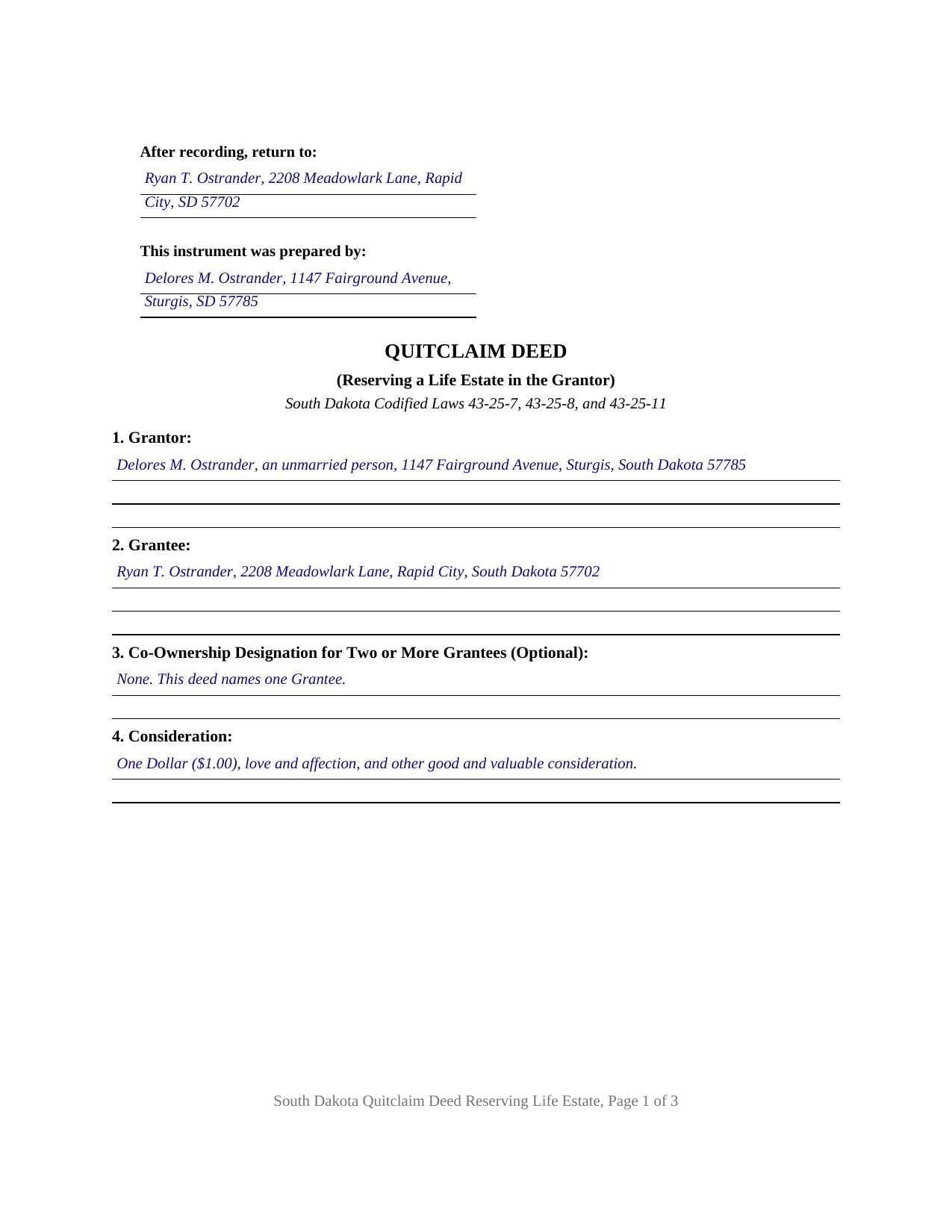 Edmunds County Completed Example of the Quitclaim Deed (Reserving Life Estate) Document