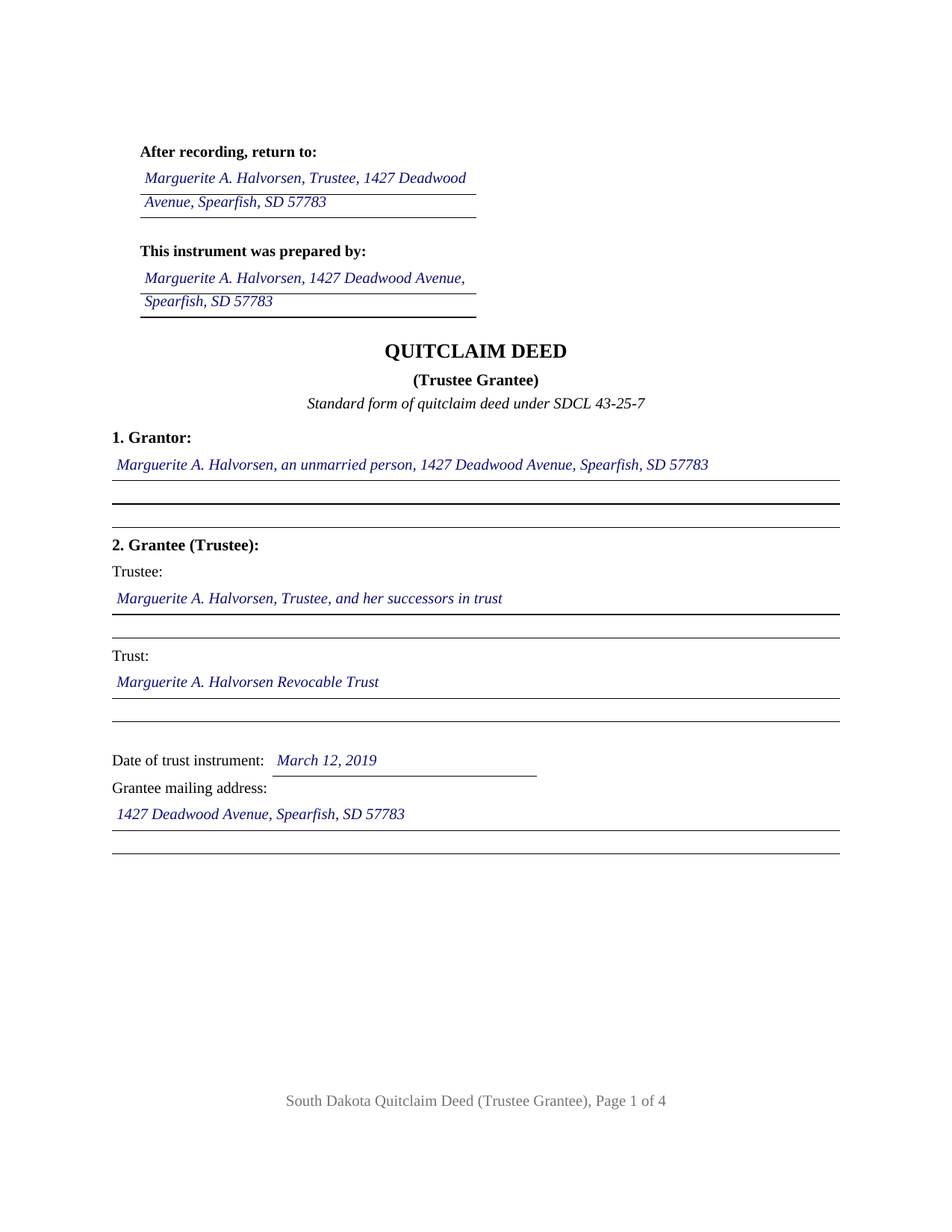 Spink County Completed Example of the Quitclaim Deed (Trustee Grantee) Document