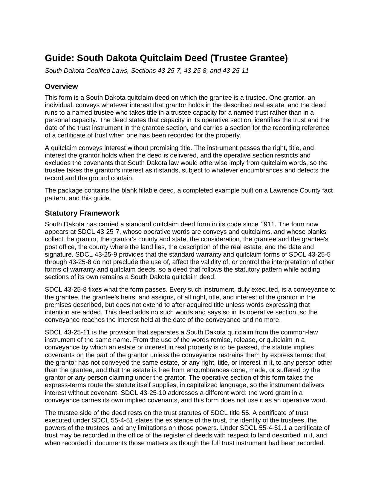 Spink County Quitclaim Deed (Trustee Grantee) Guide