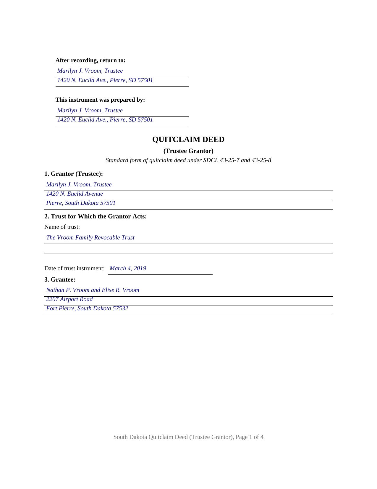 Hamlin County Completed Example of the Quitclaim Deed (Trustee Grantor) Document