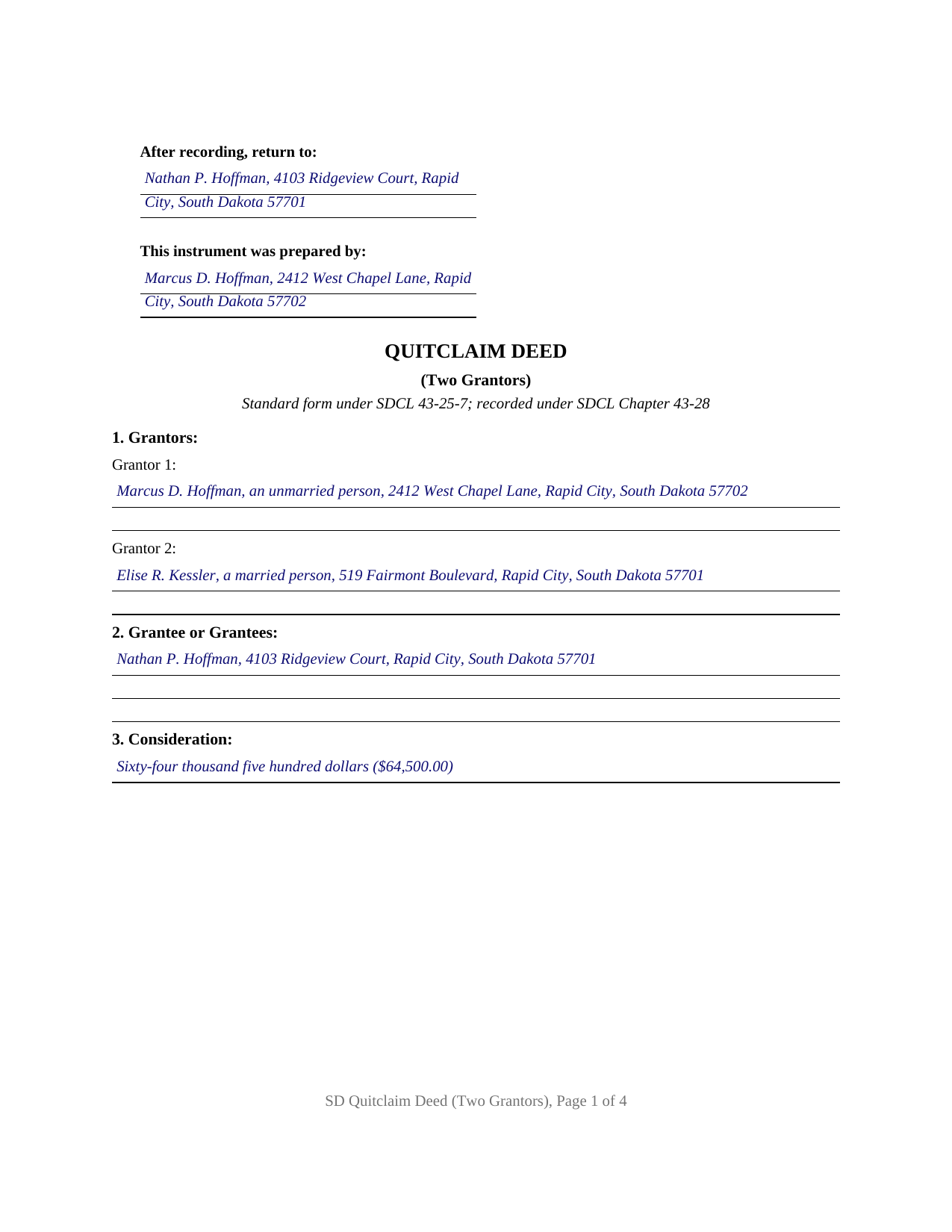 Jones County Completed Example of the Quitclaim Deed (Two Grantors) Document