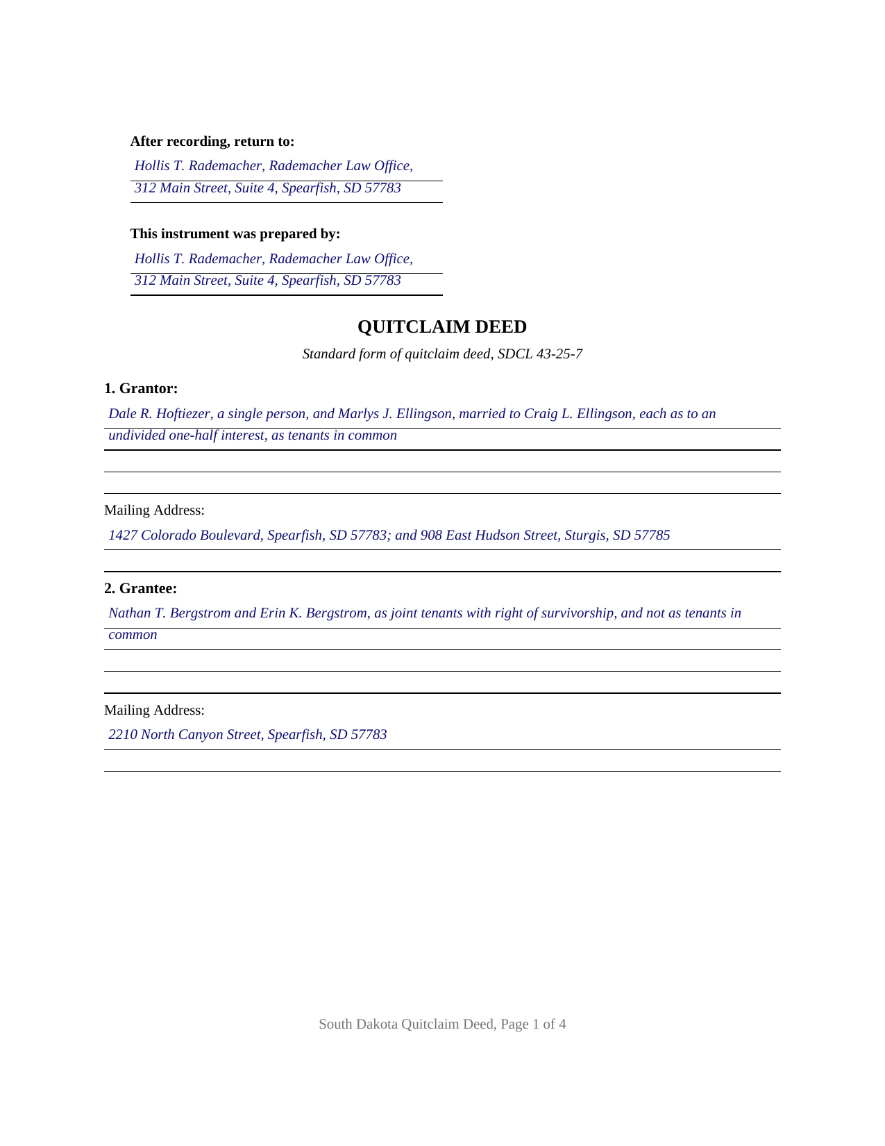 Kingsbury County Completed Example of the Quitclaim Deed Document
