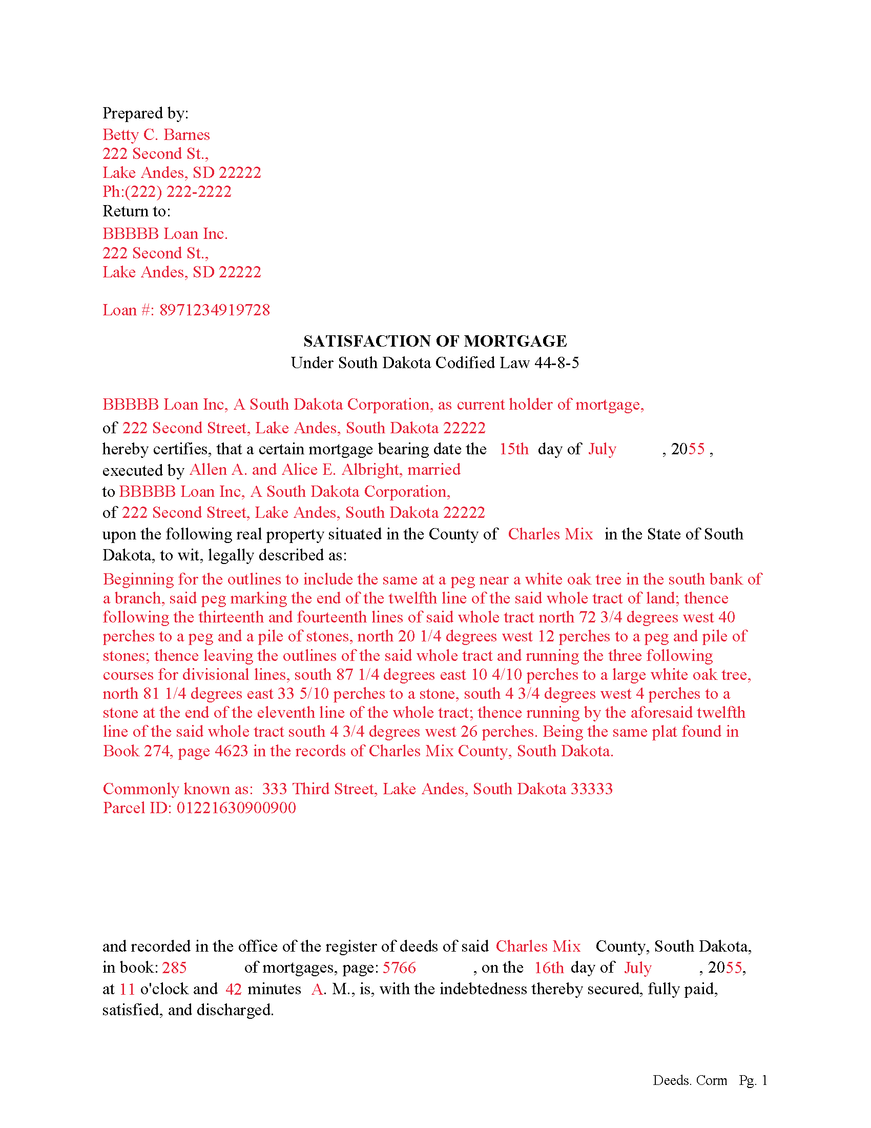 Turner County Completed Example of the Satisfaction of Mortgage Document