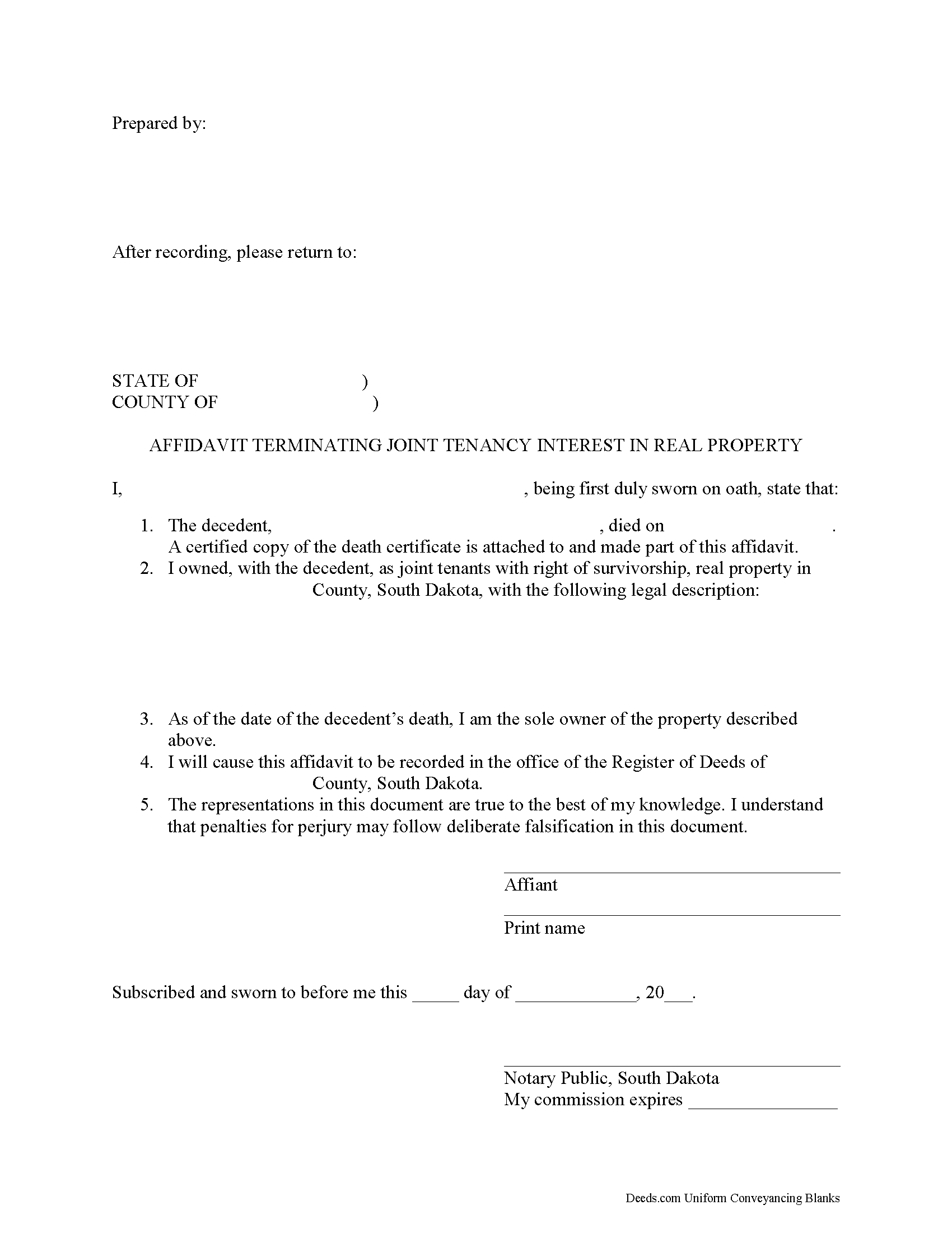 South Dakota Affidavit of Deceased Joint Tenant Image