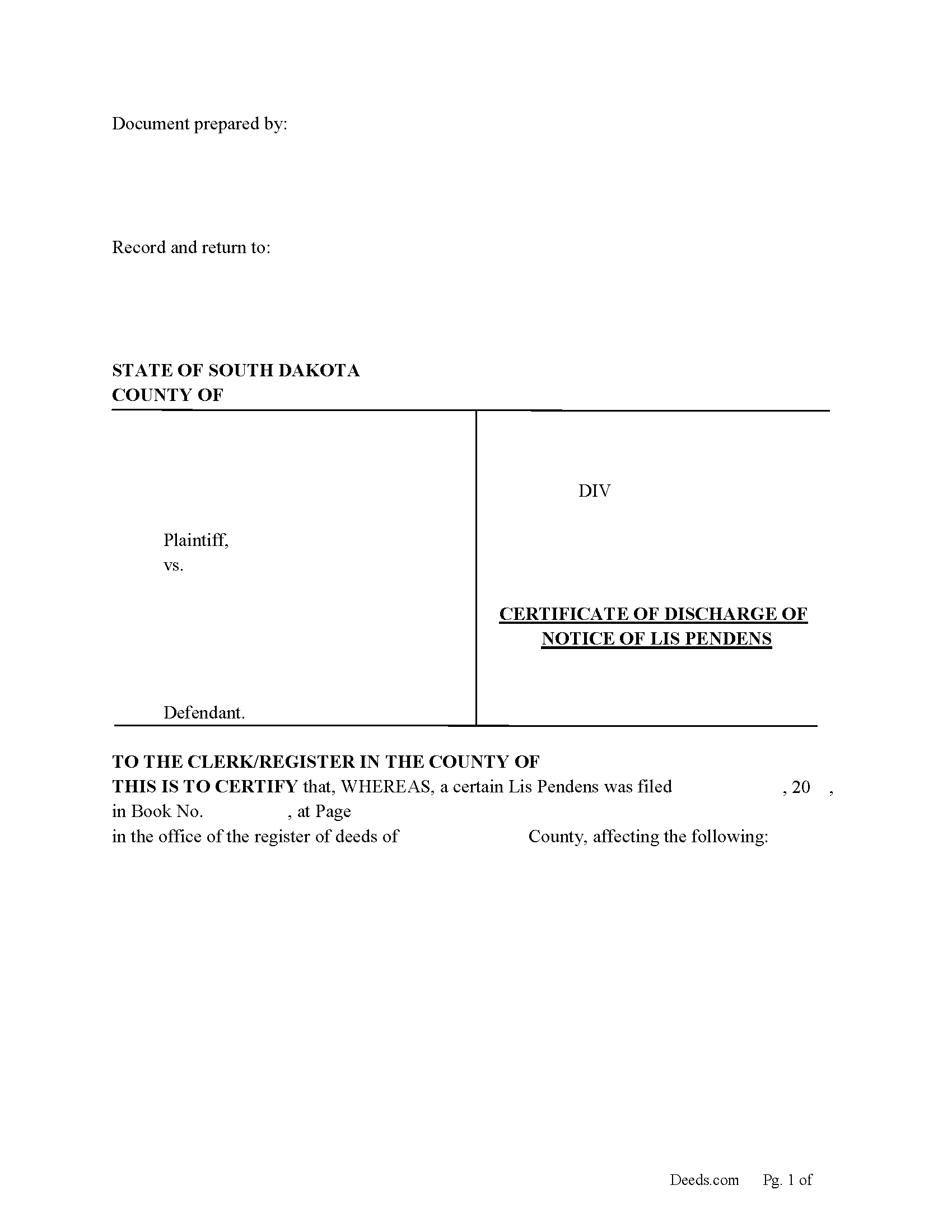 South Dakota Certificate of Discharge of Notice of Lis Pendens Image