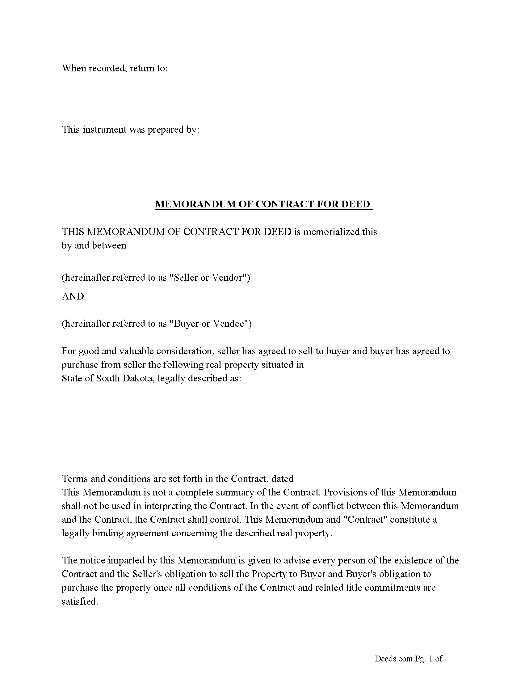 South Dakota Memorandum of Contract for Deed