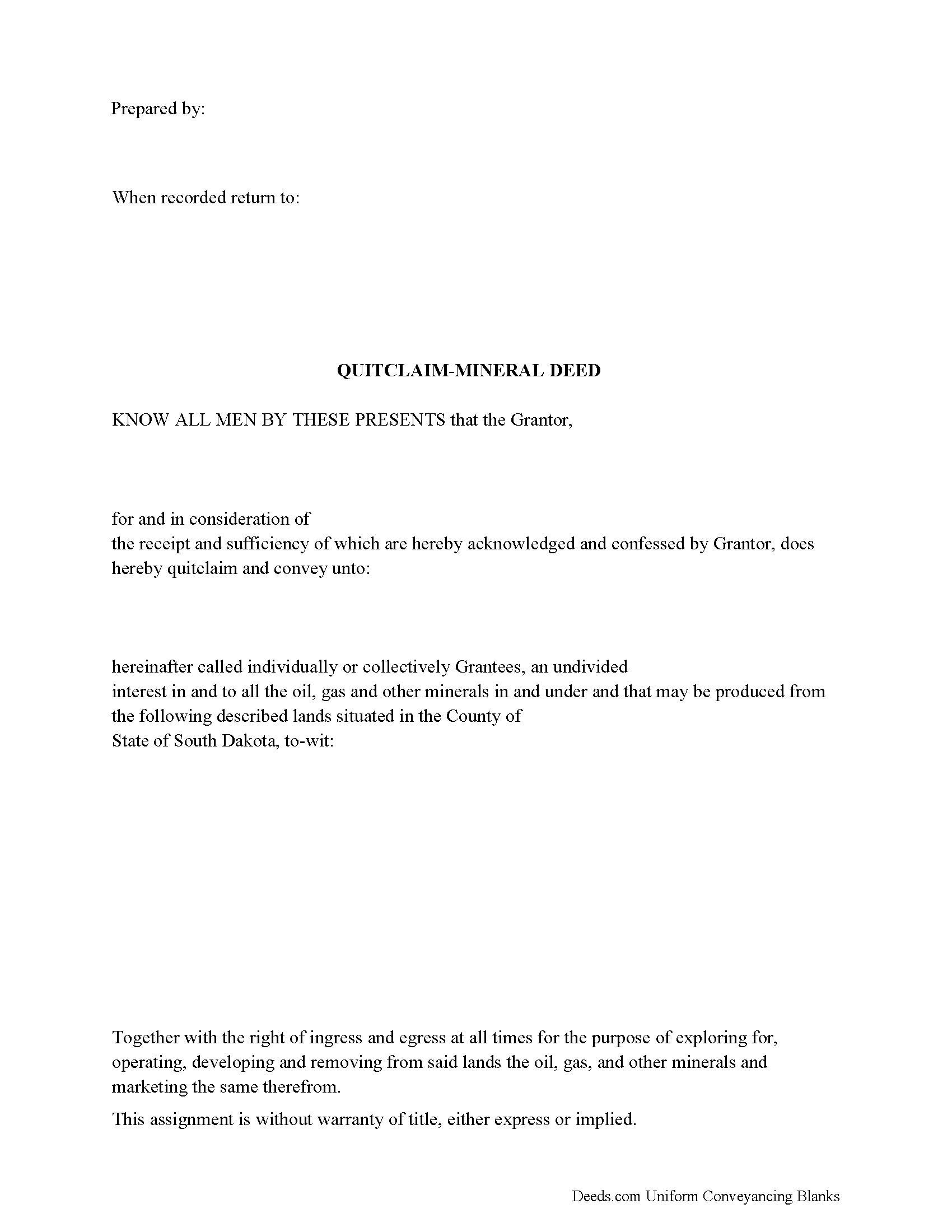 South Dakota Mineral Quitclaim Deed Image