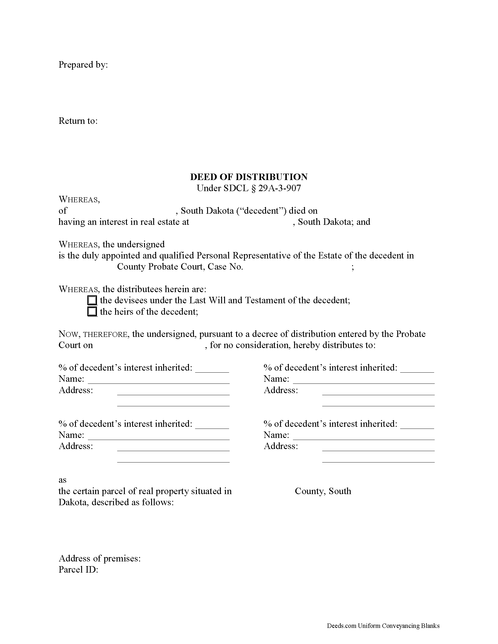 South Dakota Personal Representative Deed of Distribution Image