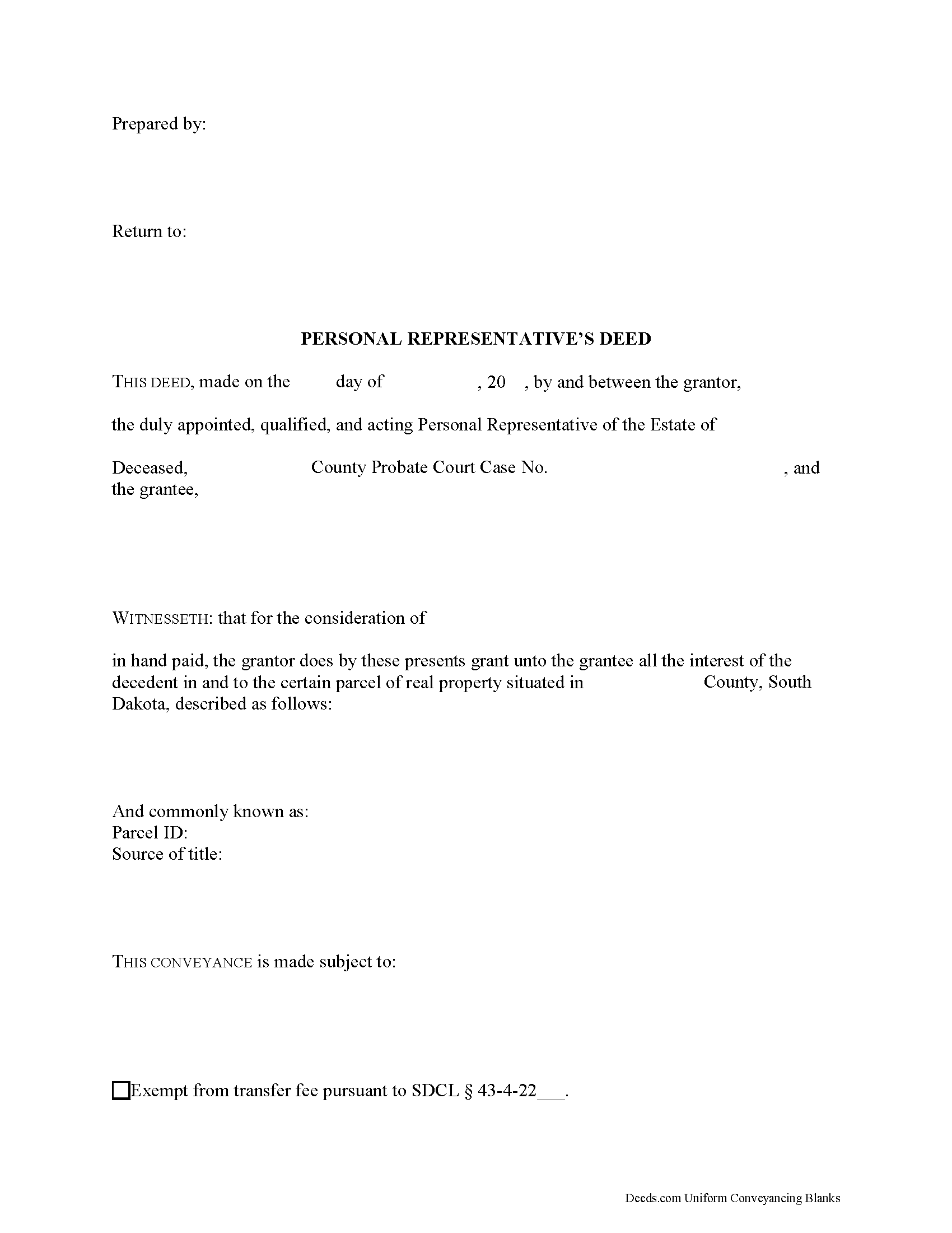 South Dakota Personal Representative Deed of Sale Image