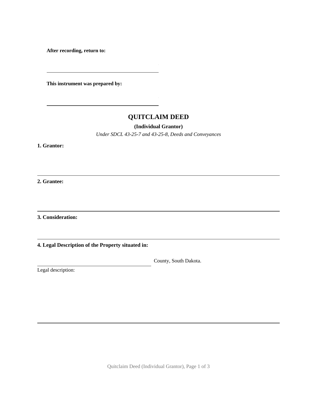 South Dakota Quitclaim Deed (Individual Grantor)