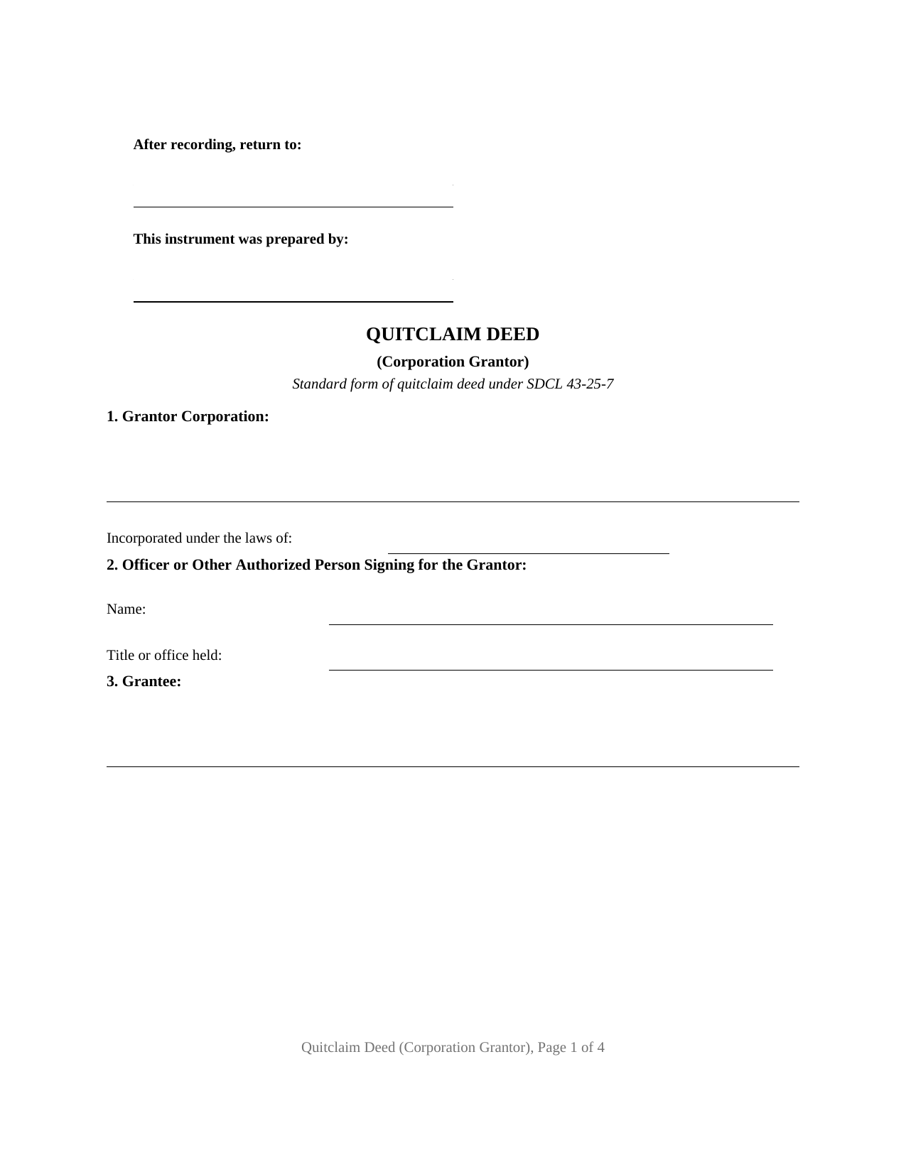 South Dakota Quitclaim Deed (Corporation Grantor)
